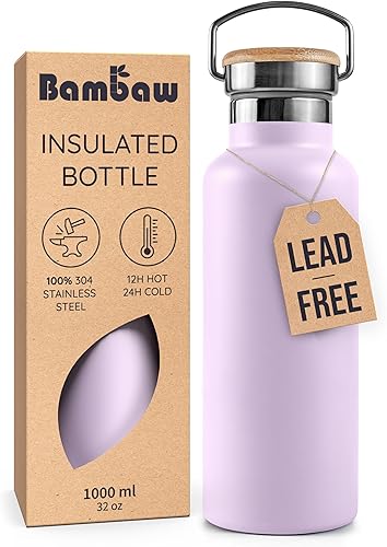 Miniatura 27 de Bambaw Botella de agua aislada de 32 onzas, botella de agua de acero inoxidable verde, botella de agua grande de acero inoxidable, botella de agua