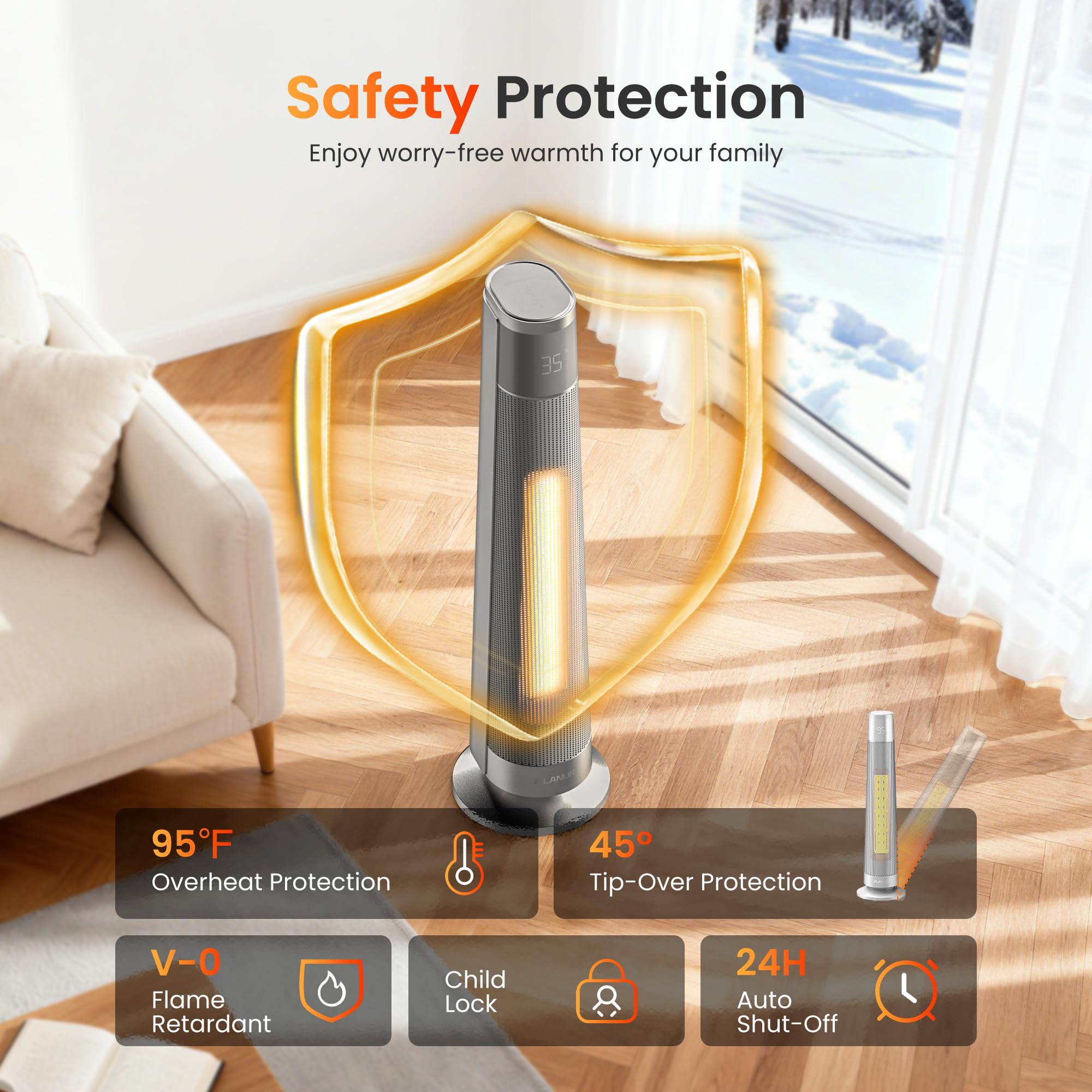 FLANUR Termoventilatore a risparmio energetico, 2000 W, in ceramica PTC, silenzioso, riscaldamento elettrico con termostato e telecomando, modalità ECO, oscillazione 70°, timer 12 ore, protezione