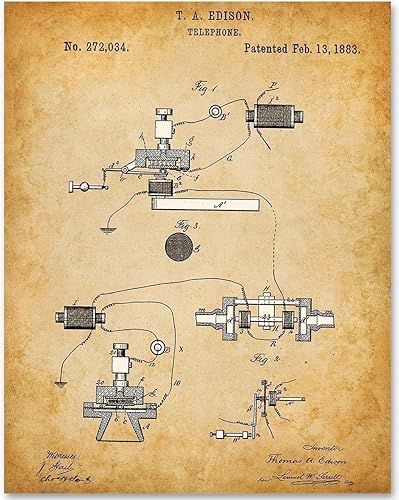 Thomas Edison Telephone Patent Print - Great Home and Library Wall Decor, Classic Invention Posters, Technology Office Decor, Cool Gift for