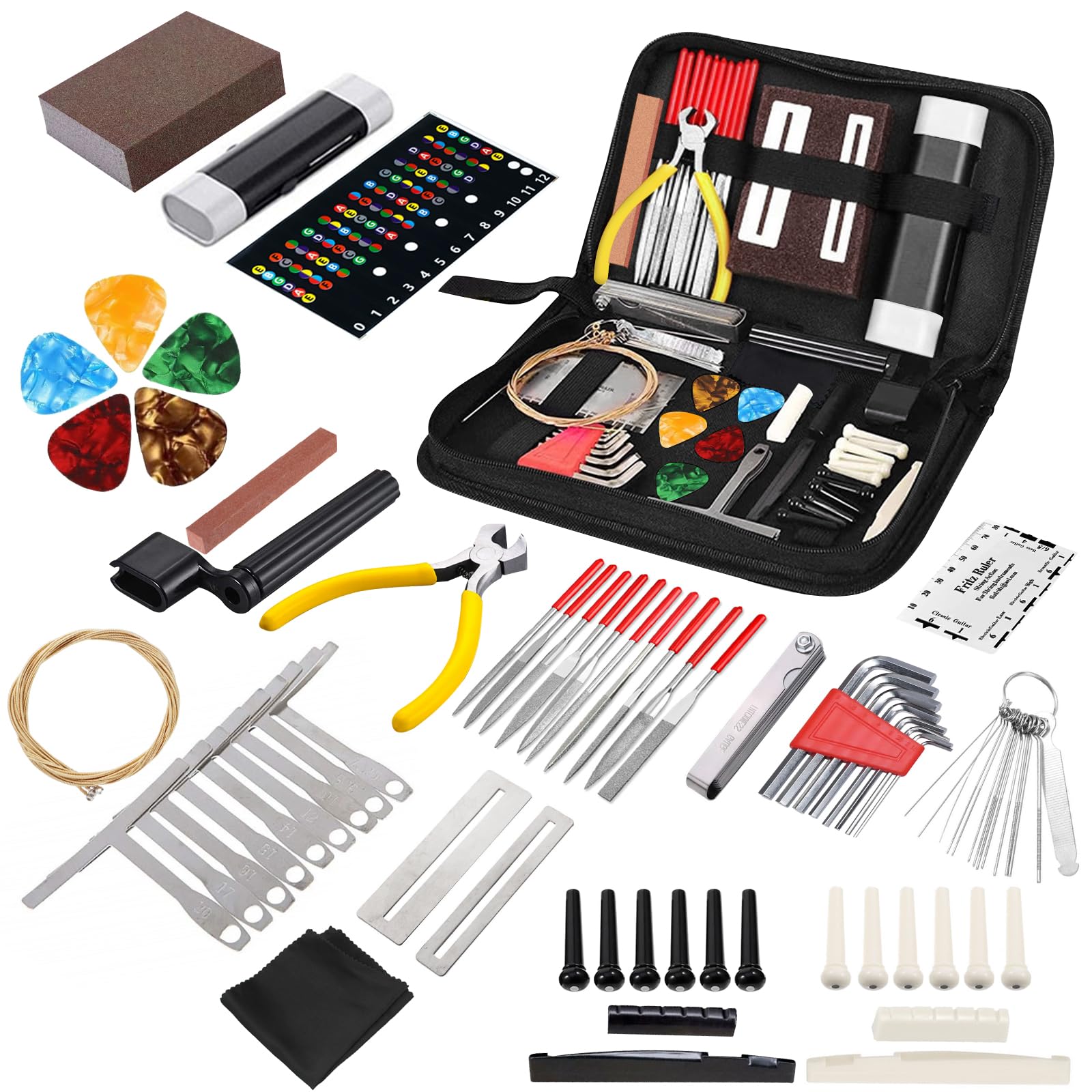FOVERN1 72pcs Guitar Repairing Tool Kit, Including Wire Plier, String Organizer, Fingerboard Protector, Hex Wrenches, Files
