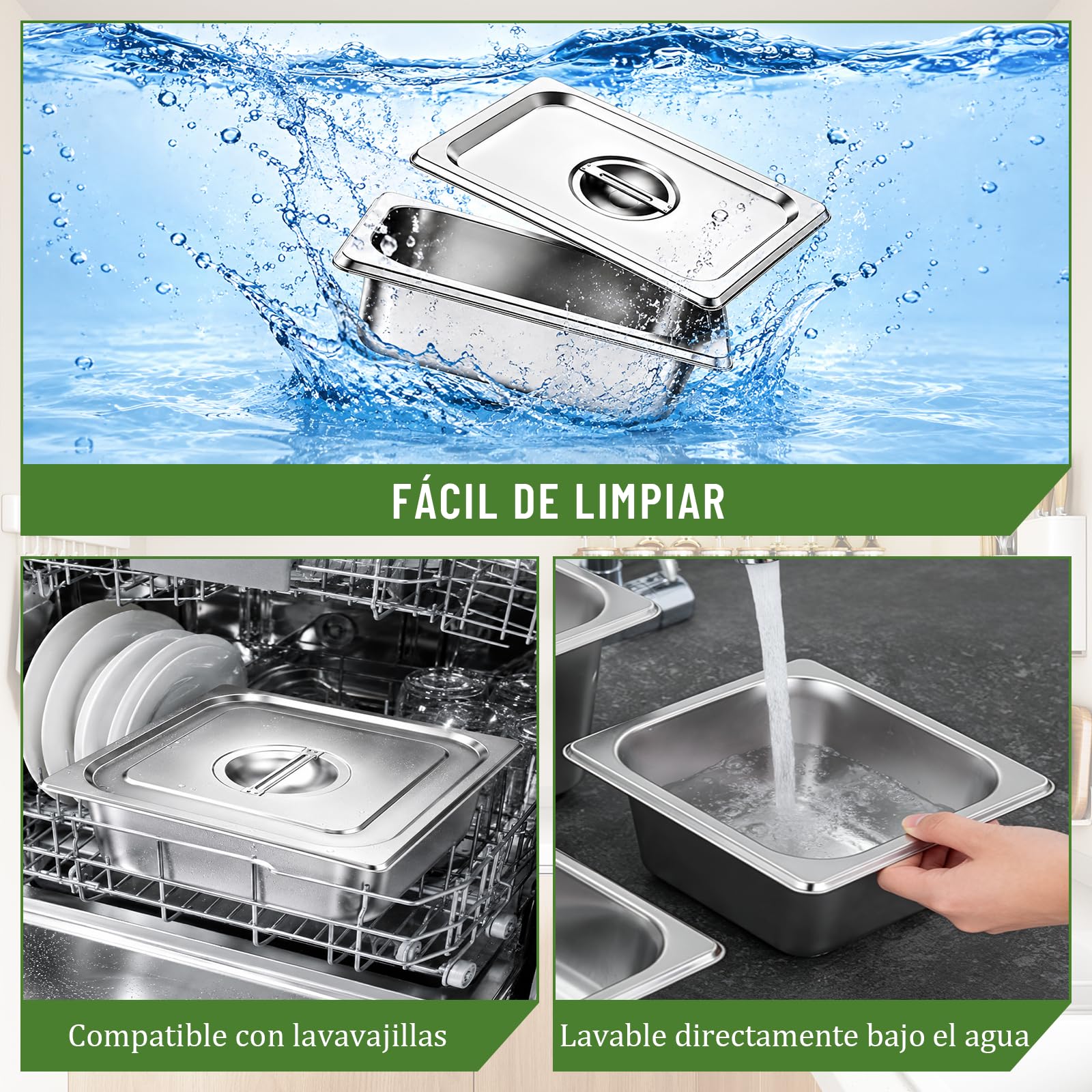 Juego de 4 Gastronorm GN 1/2, 26,5 x 32,5 x 10 cm, Recipientes de Acero Inoxidable con Tapa, Recipientes Apilables para Hostelería, Recipientes Gastro para Carne Pescado Fruta Helado Salsa