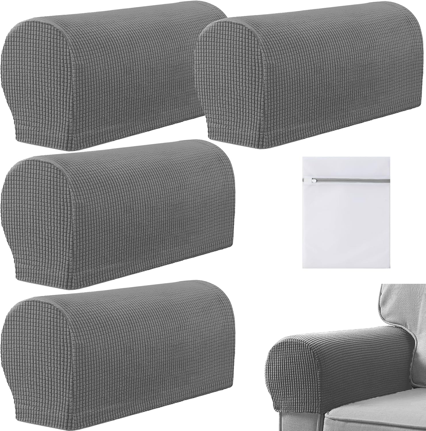 VEGCOO 4 Pcs Armrest Chair Covers, Stretch Arm Rest Covers Soft Polyester Armchair Couch Sofa Arm Caps with Laundry Bag, Non Slip Arm Covers Furniture Protector for Sofa Chair Couch Recliner (Grey)