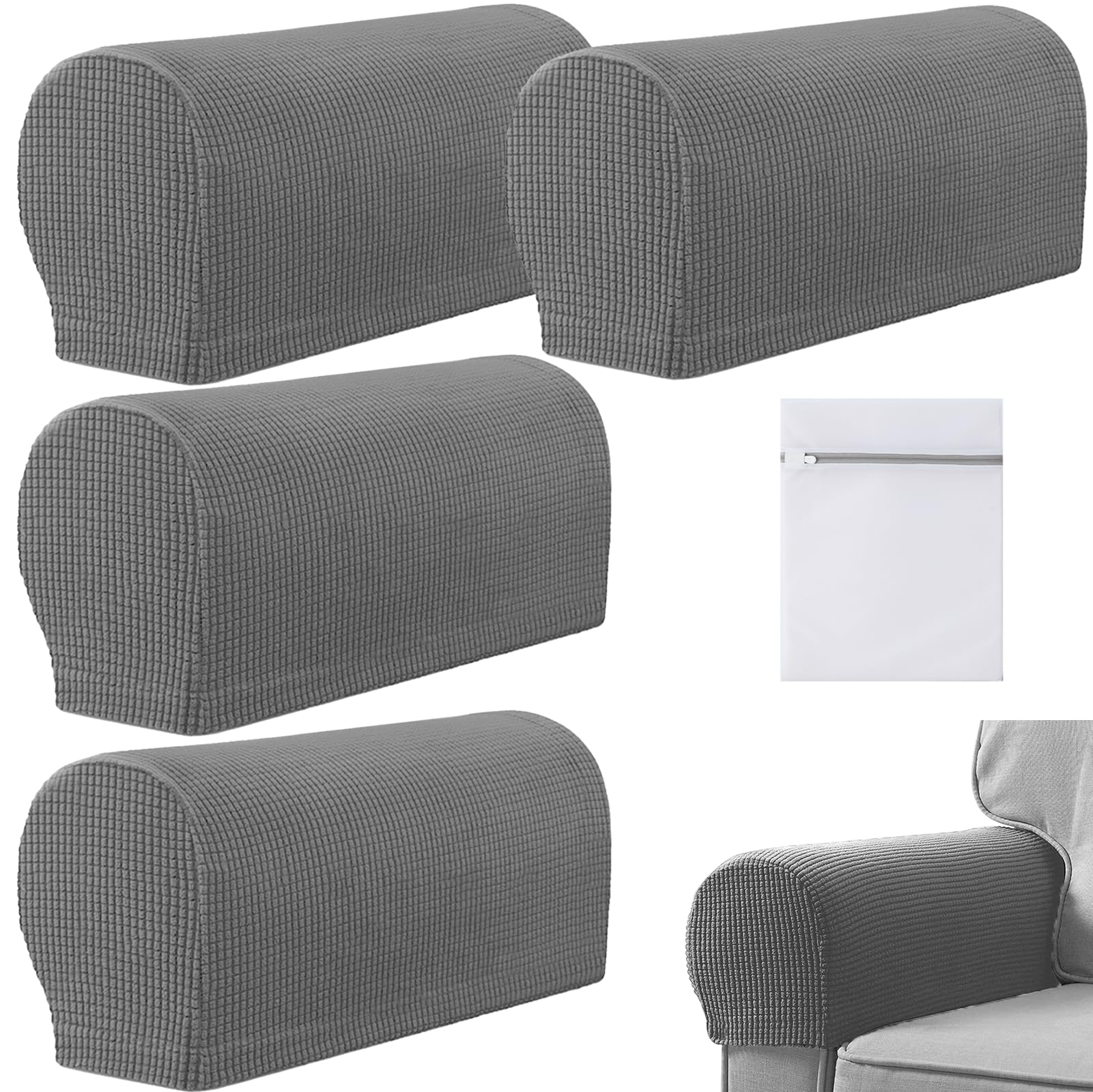 VEGCOO 4 Pcs Armrest Chair Covers, Stretch Arm Rest Covers Soft Polyester Armchair Couch Sofa Arm Caps with Laundry Bag