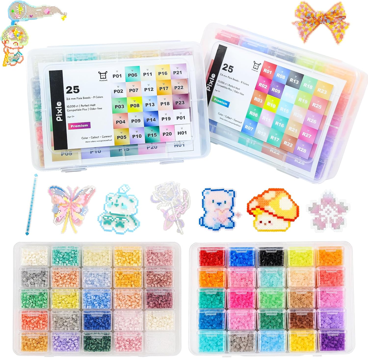 PixieCraft 20,000 pcs 2.6mm Fuse Beads Kit with Storage Box, 50 Colors (Pearlescent + Transparent) PixieBeads with Color Label, Mini Fuse Beads Bulk, Pixel Art Craft Kits for Adults, Teens