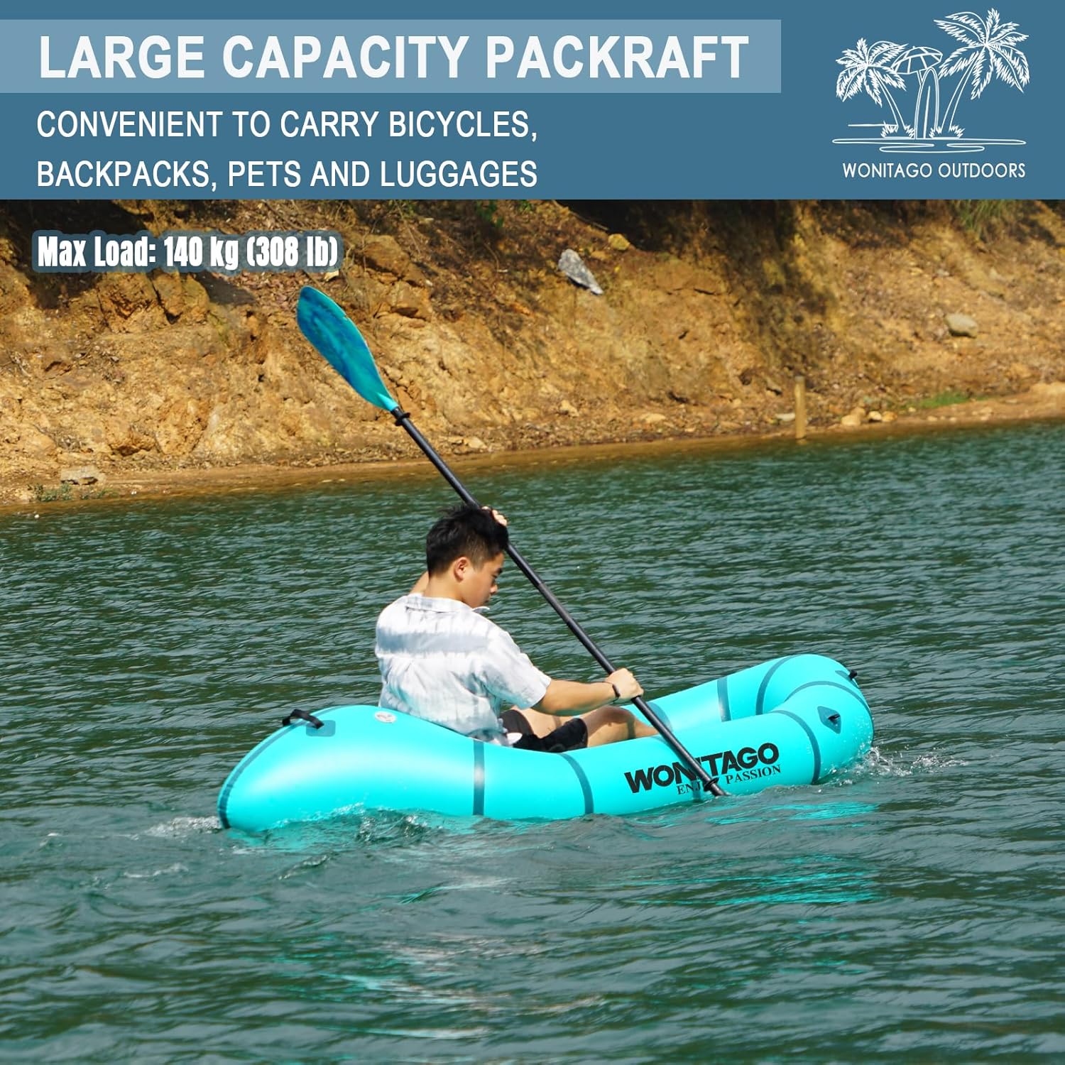 Packraft PVC Inflatable Travel Kayak Packrafts with Drop Stitch Floor for Flat Water Rafting/Bicycle Drifting/Litewater Dinghy, 1 Person, 7.7Ft