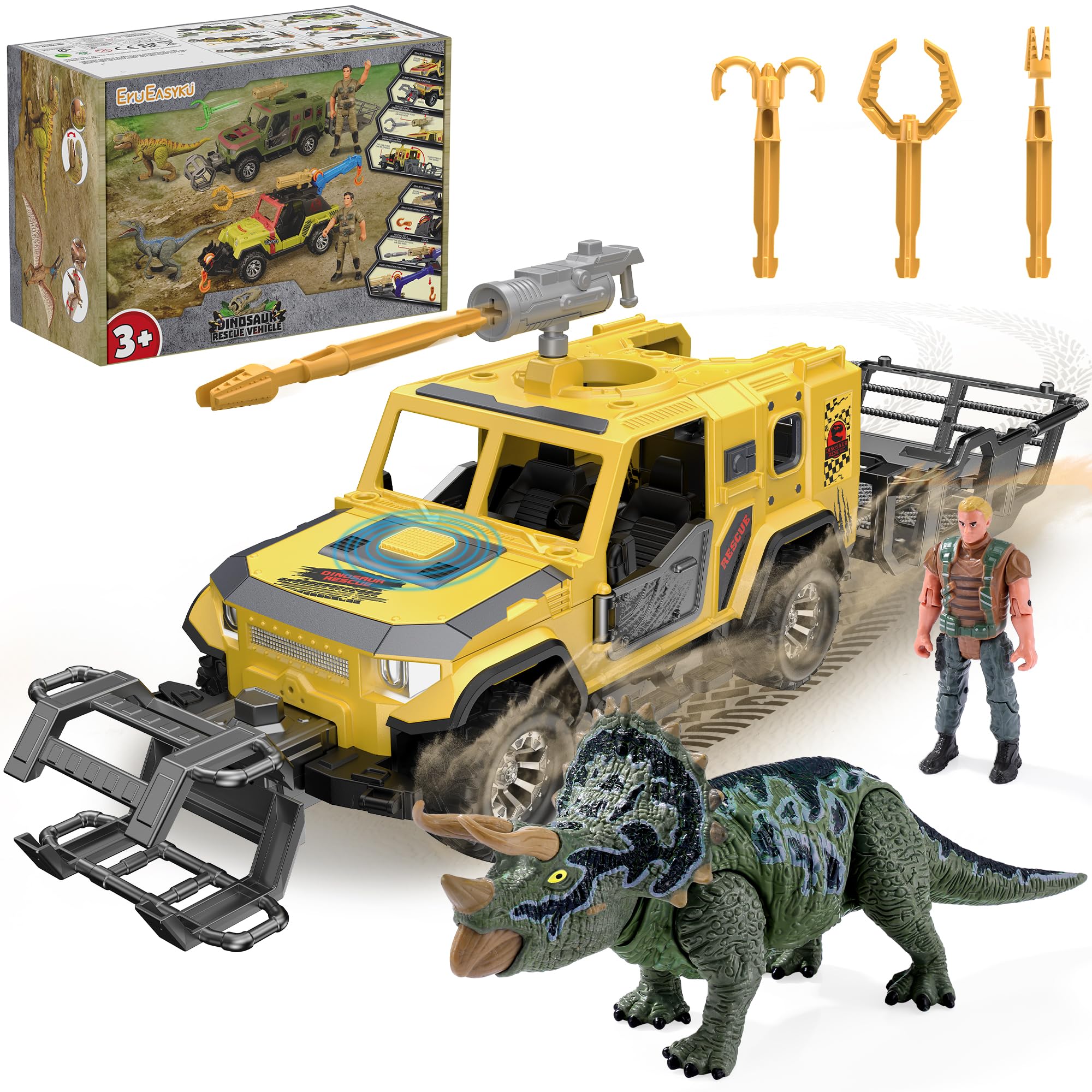 EKU Dinosaur Toys Rescue Truck with 10 Sounds, Interactive Triceratops, 15ft Launch, Dino Transport Trailer, Human Action Figure, Birthday Gift for Jurassic World Adventure Role Play Set Boys Girls 3+ F101