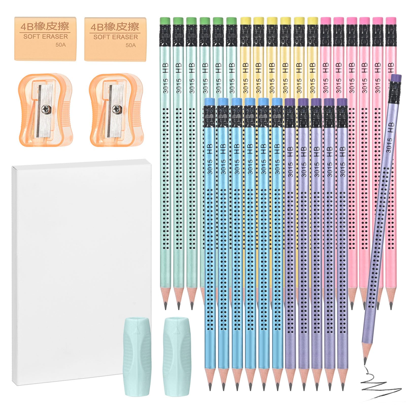 Szaboviktoria 30 PCS - lápices con goma integrada, con dos sacapuntas y un soporte para lápiz, minas de grafito, lápices HB triangulares pre-afilados, adecuados escritura, dibujo y diseño