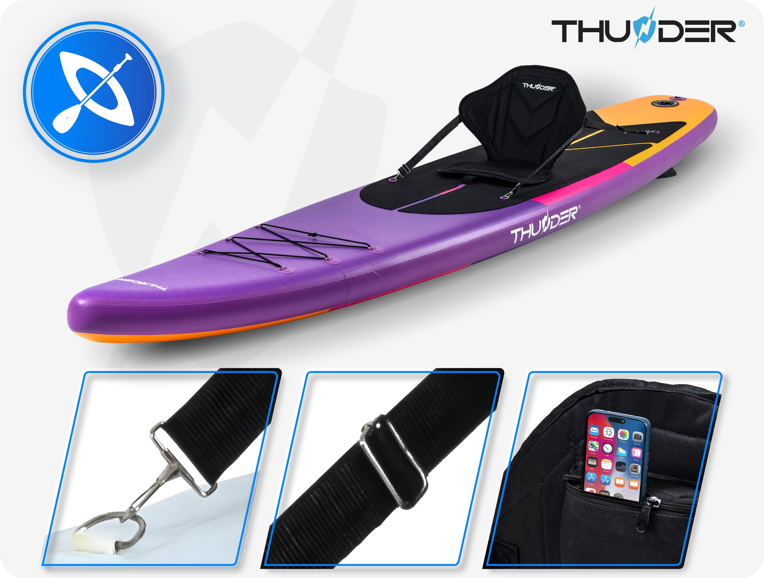 THUNDER Tabla de Sup Inflable 365 cm con Asiento de Kayak – Set de Stand Up Paddle con Bomba, Remo y Mochila – Touring Sup para Adultos y Principiantes hasta 150 kg