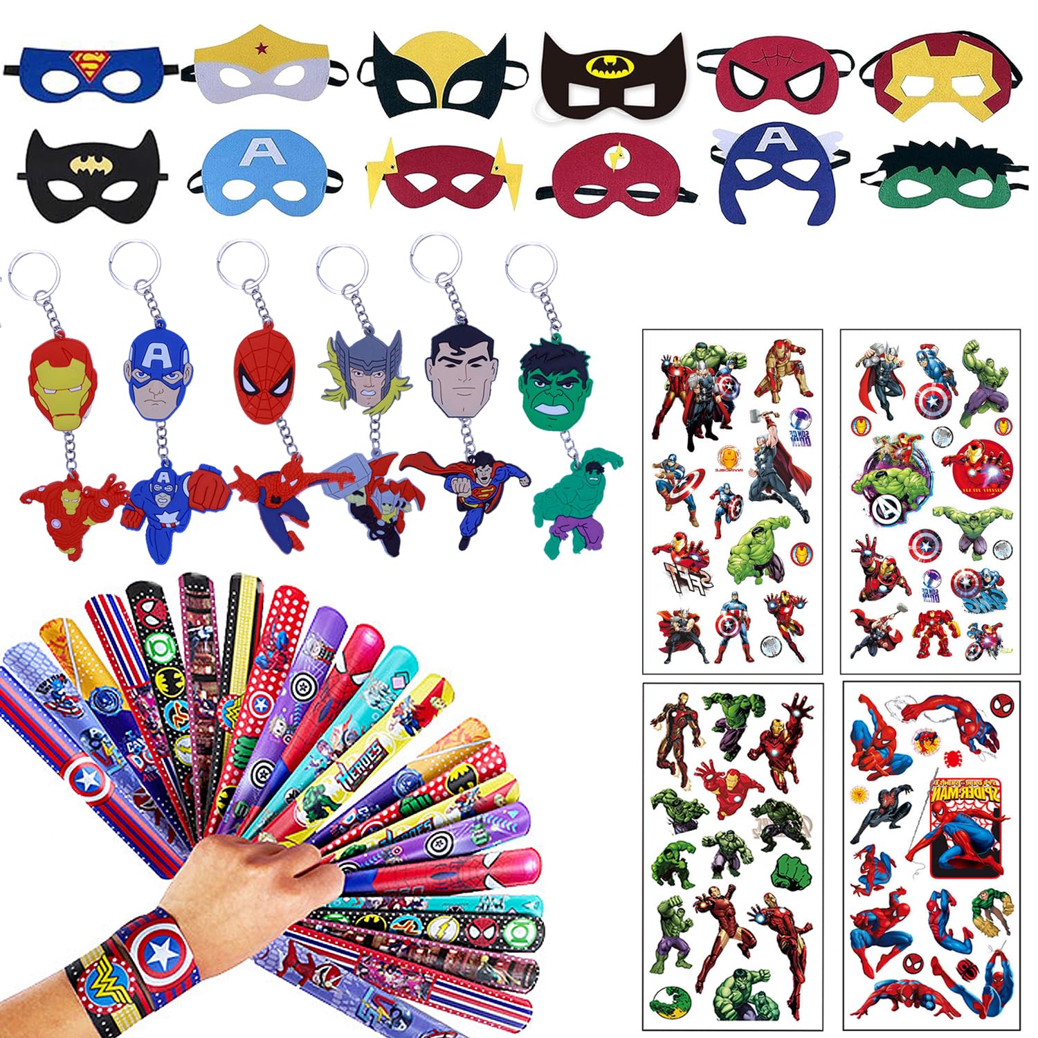 34pcs Superhero Birthday Party Gift Set Includes 12pcs Superheroo Masks, 12pcs Superhero Hand Slap Bracelets, 4 Marvel Tattoo 6 Keychain for Kids Party Supplies, Goody bag for Superheroo Party Favors