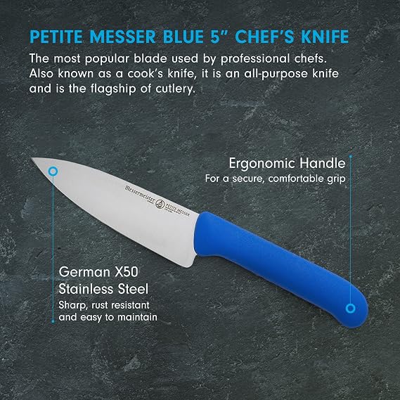 Messermeister Petite Messer 5 Chefs Knife, Blue - German 1.4116 Stainless Steel & Ergonomic Handle - Lightweight, Rust Resistant & Easy to Maintain