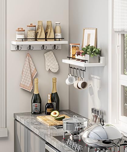 Miniatura 4 de Beskadi 2 estantes flotantes con ganchos, perchero montado en la pared, estante de baño con barra de toalla extraíble, estantes colgantes con 9