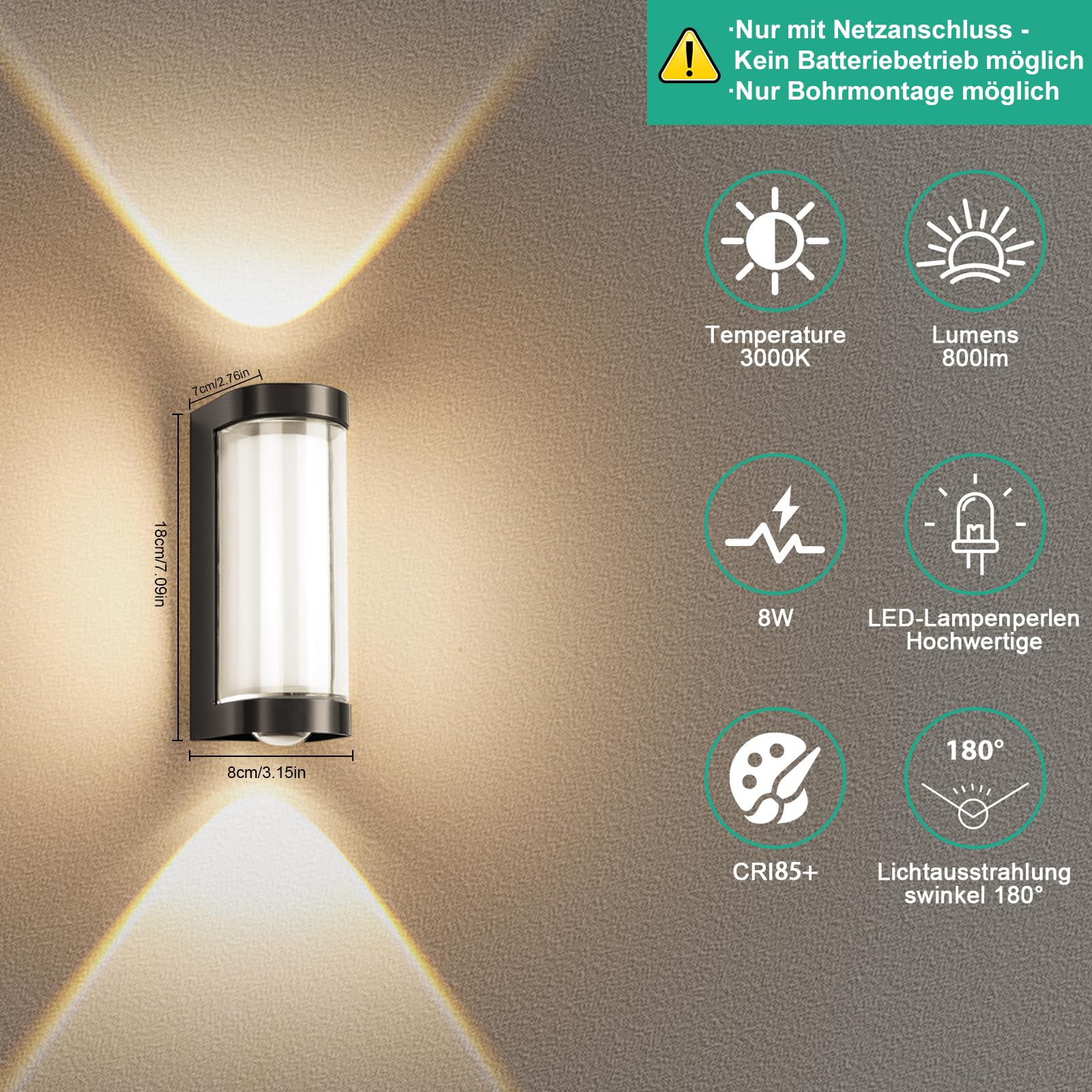6 Stück Wandleuchte LED Wandlampe Innen/Aussen, IP65 Außenwandleuchte, Up Down Wandbeleuchtung 3000K Warmweiß für Wohnzimmer Schlafzimmer Garten, Schwarz