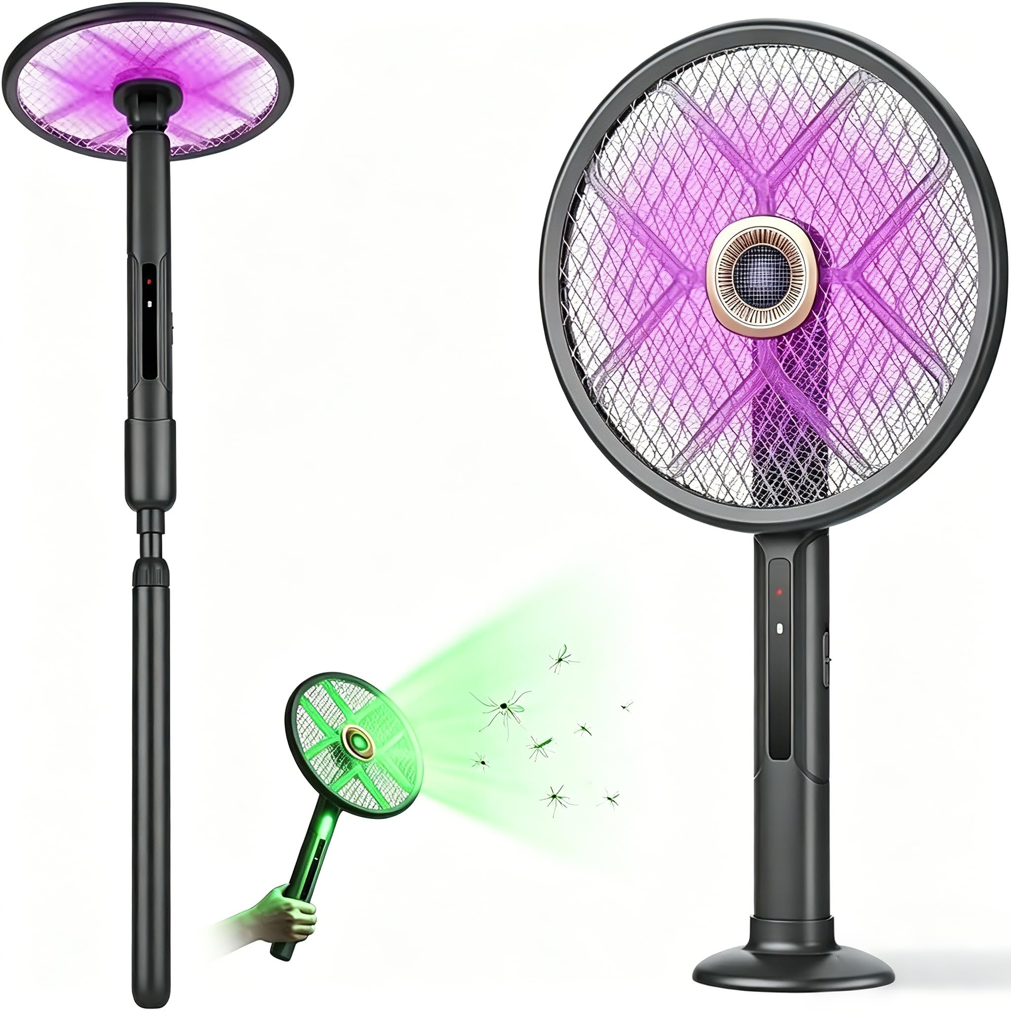 Rotating Head Electric Fly Swatter Racket with Green Light Detection – Rechargeable Electric Fly Zapper, Mosquito Bug Zapper Racket with Telescopic Extension for Indoor and Outdoor