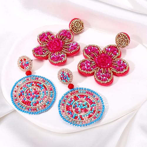 Miniatura 5 de Aretes colgantes con cuentas de colores hechos a mano, diseño de flores, bohemios y tropicales para mujer