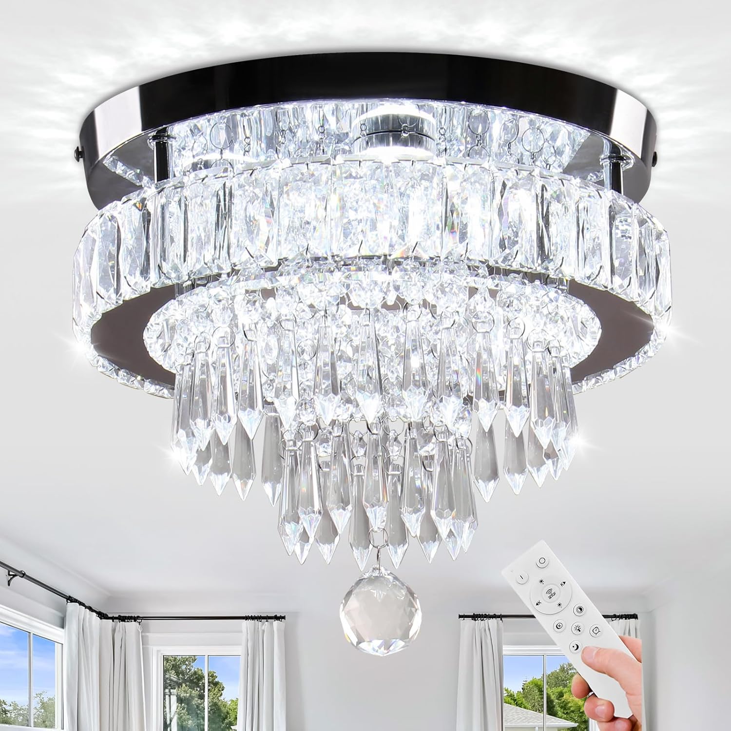 LEONTYNE 11.8 inch Modern Crystal Chandeliers Dimmable LED Ceiling Light Fixtures Stainless Steel Flush Mount Ceiling Chandelier Light for Bedroom Foyer Hallway Closet (Remote Control & App)