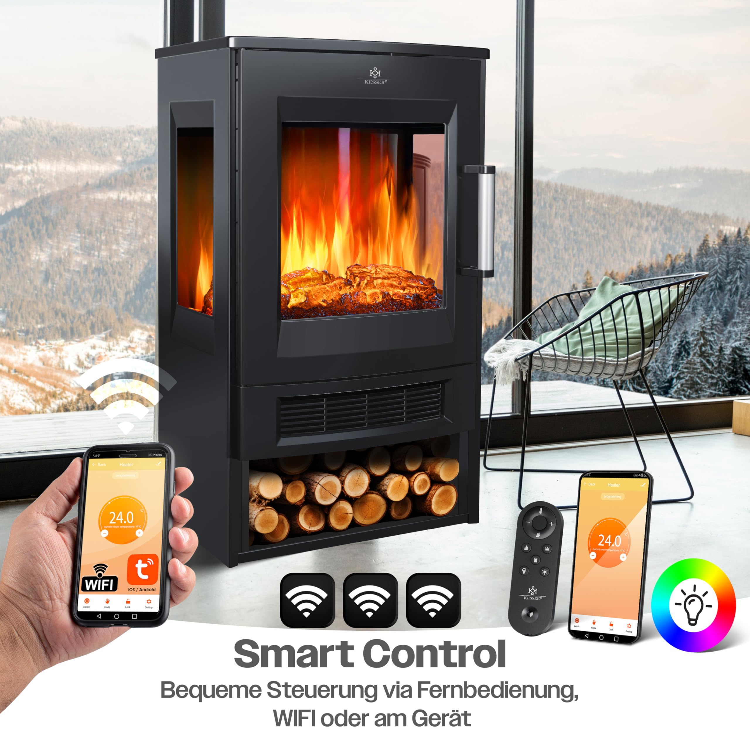 KESSER® Elektrokamin mit Heizung Panorama-Sichtfenster Heizlüfter 9 LED-Flammeneffekt Farbmodi Fernbedienung WiFi App 900/1800W Kaminfeuer elektrisch mit Thermostat Heizfunktion Timer