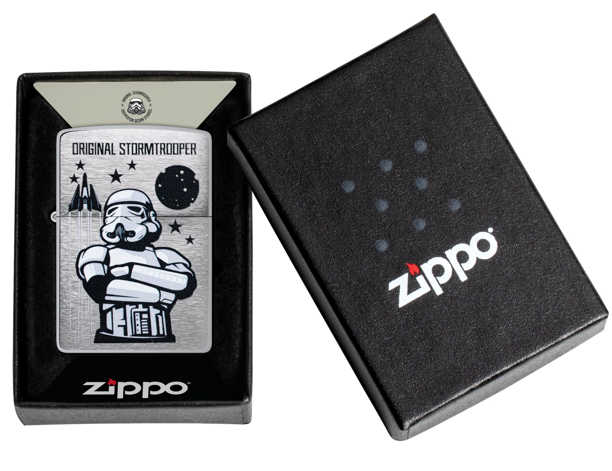 Zippo Stormtrooper Design Brushed Chrome Sturmfeuerzeug nachfüllbar windfest Geschenkbox Made in USA