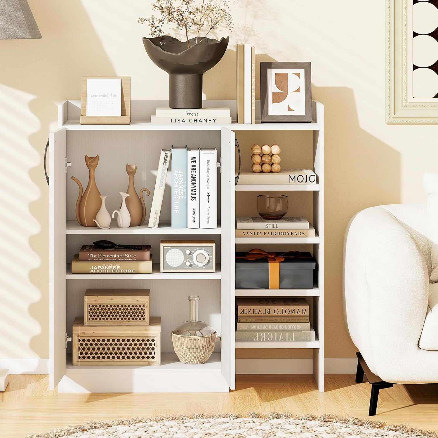 LOKO Shoe Cabinet with 2 Doors, Shoe Storage Organizer with 2 Adjustable Inner Shelves & 4 Open Shelves, Modern Freestanding Wooden Rack for Entryway, Hallway, Living Room, Closet