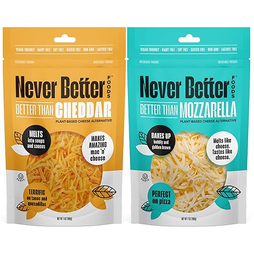 Never Better Foods Plant-Based Shredded Cheddar & Mozzarella Cheese Blend, 2 Pack (2 x 7 oz Bags), Dairy-Free, Vegan, and Allergen-Free, Ideal for Cooking, Melting, and Meal Prep