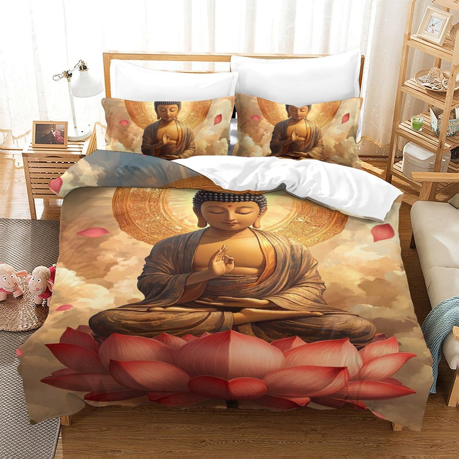 Budda z kwiatem lotosu 3 szt. zestaw pościeli z nadrukiem, poszewka na kołdrę 3D dla chłopców i dorosłych, mikrofibra, z poszewkami na poduszki, łatwa pielęgnacja, mikrofibra, ukryty zamek