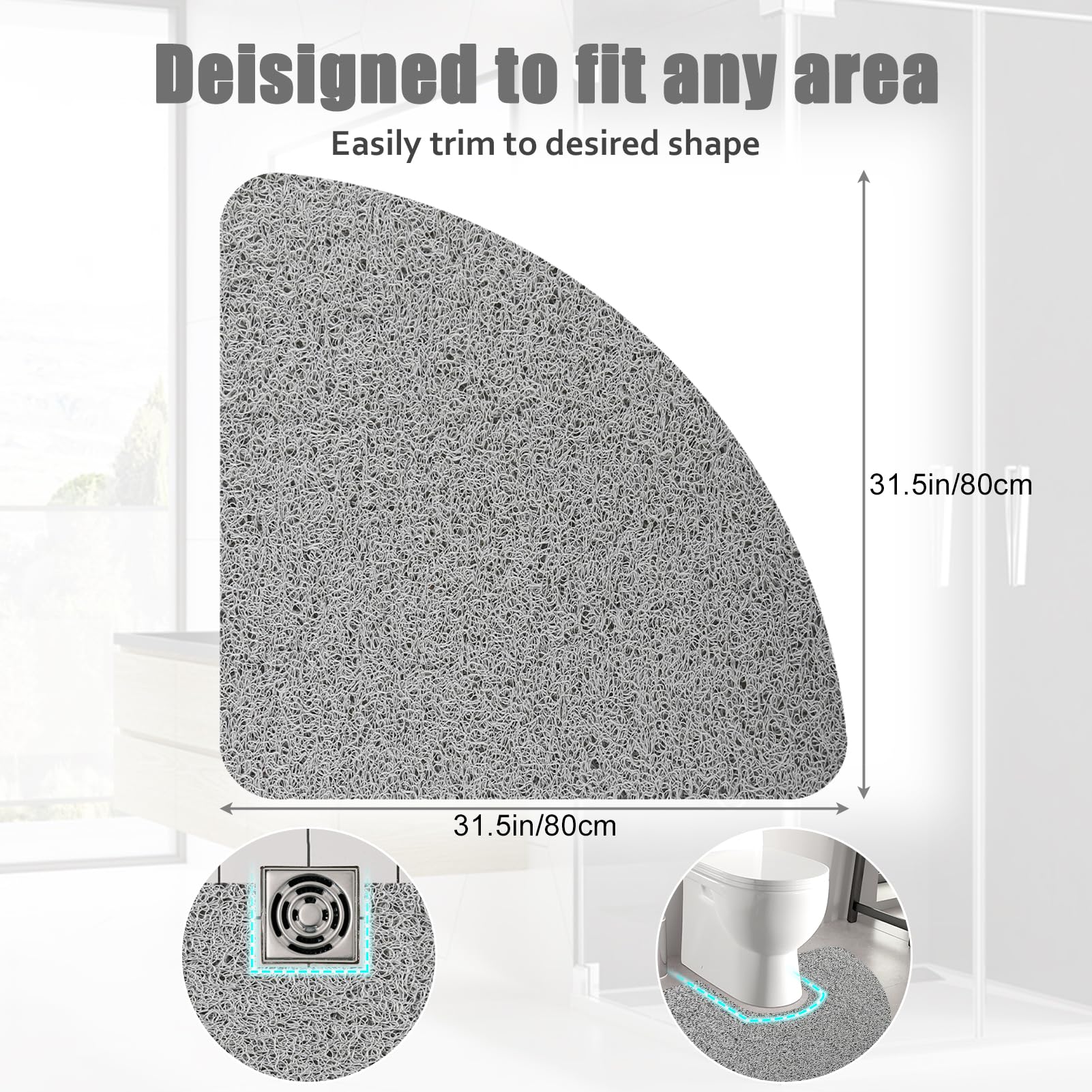 Alfombrilla de ducha de esquina de 80 x 80 cm, antideslizante, antimoho, alfombra de baño para ducha interior, cuadrante curvado, alfombra de baño para baño, área húmeda con drenaje, textura suave,