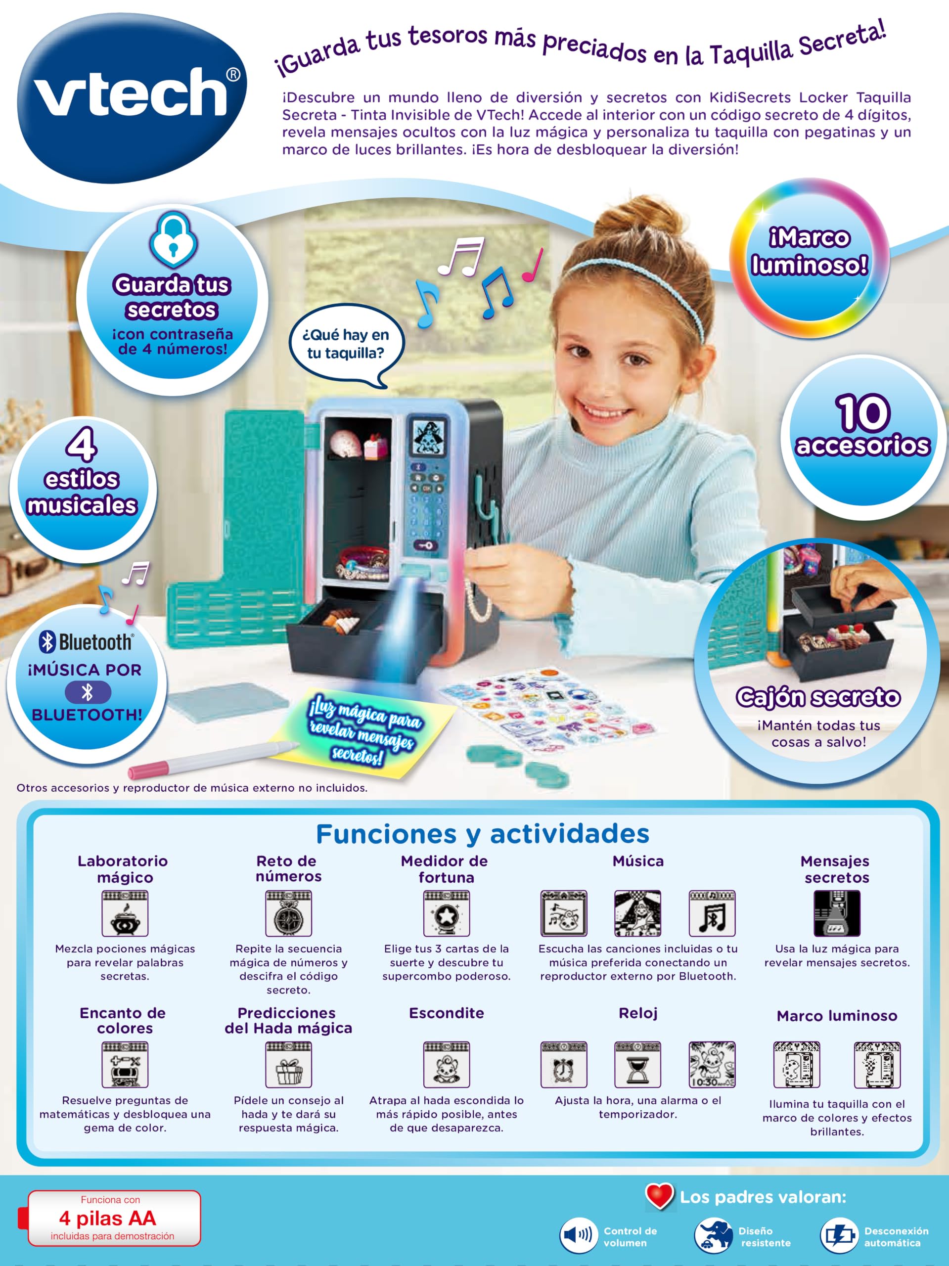 VTech - KidiSecrets Locker Taquilla Secreta Tinta Invisible, Versión ESP | Edad +6 años, 25.3 x 16.5 x 11.5 cm, 3 pilas AA, color negro/azul, personalizable