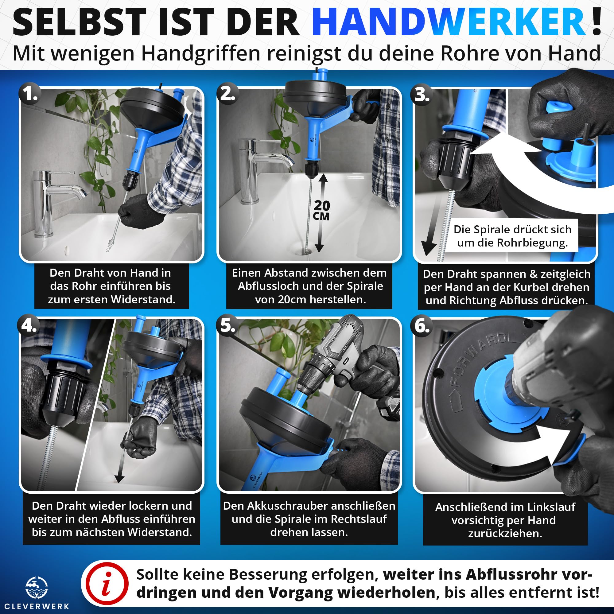 Rohrreinigungsspirale NEU [Spannfutter]7,5m lange Abflussspirale┃ Rohrreiniger Spirale mit Metermarkierungen┃Abflussreiniger Spirale Abfluss Rohrreinigung für Waschbecken, Bad, Küche