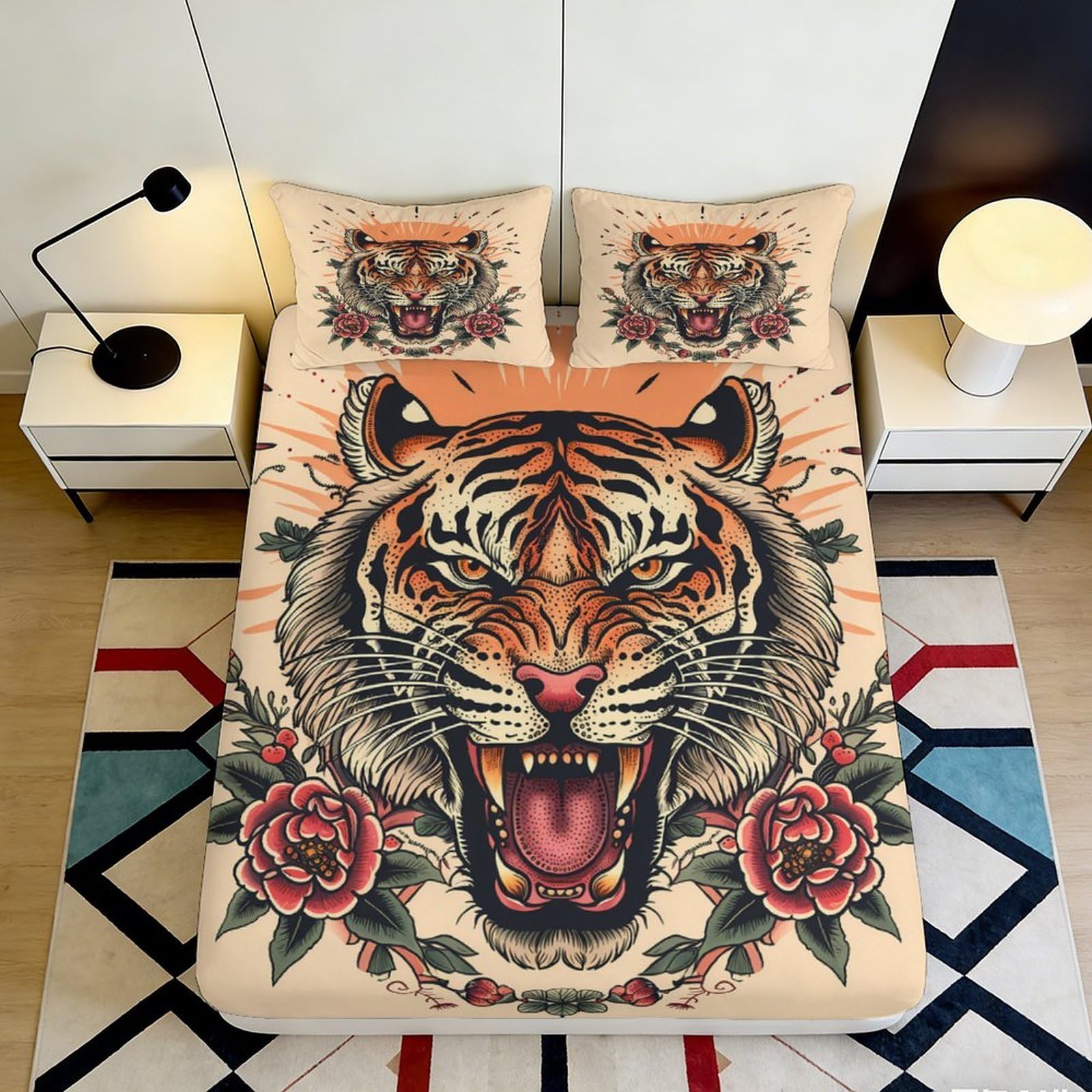 3D Printed Tiger Floral Fitted Sheet Microfiber Deep Pocket Non-Slip Bedroom Tiger Mattress Fitted Cover for Adults Teens 140x200x25cm