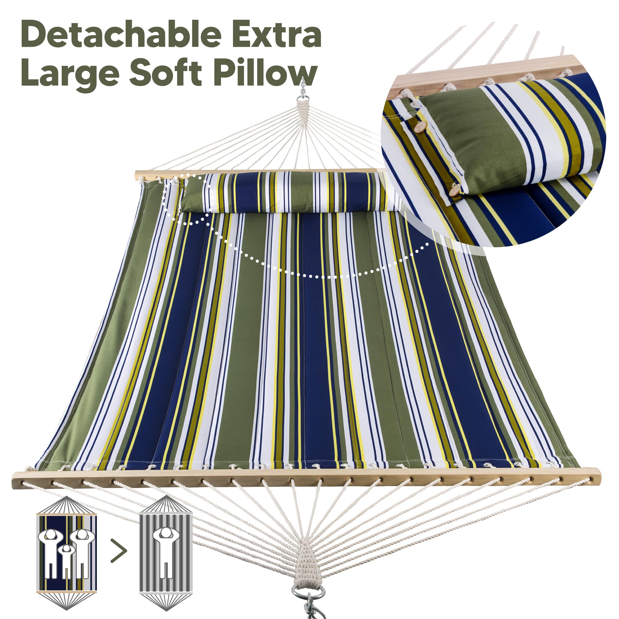 SUNCREAT Hamacas dobles para 2 personas con almohada extra grande, hamacas de árbol no se decoloran para exteriores, azul y aguamarina