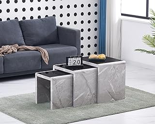 Furniture Express Nest of 3 Tables High Gloss Marble Effect Finish with Black Tempered Glass Top Multi-Functional Nesting Tables Coffee Table Set Bedside Tables for Living Room, Home (L-Grey)