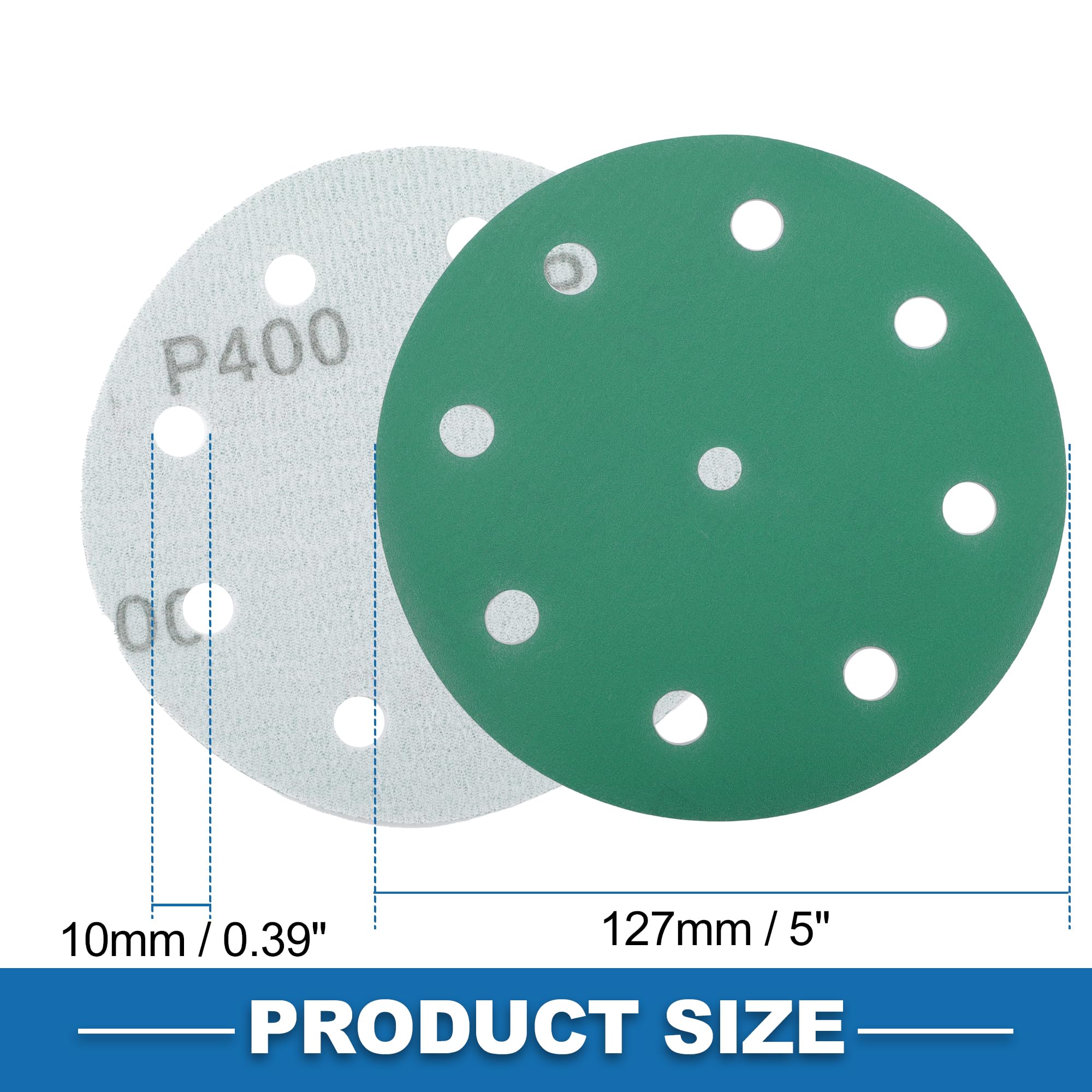 A ABSOPRO Sanding Discs 5 Inch 9 Hole 400 Grit Round Hook and Loop Sandpaper Aluminum Oxide Green 50pcs, 5" - Image 4