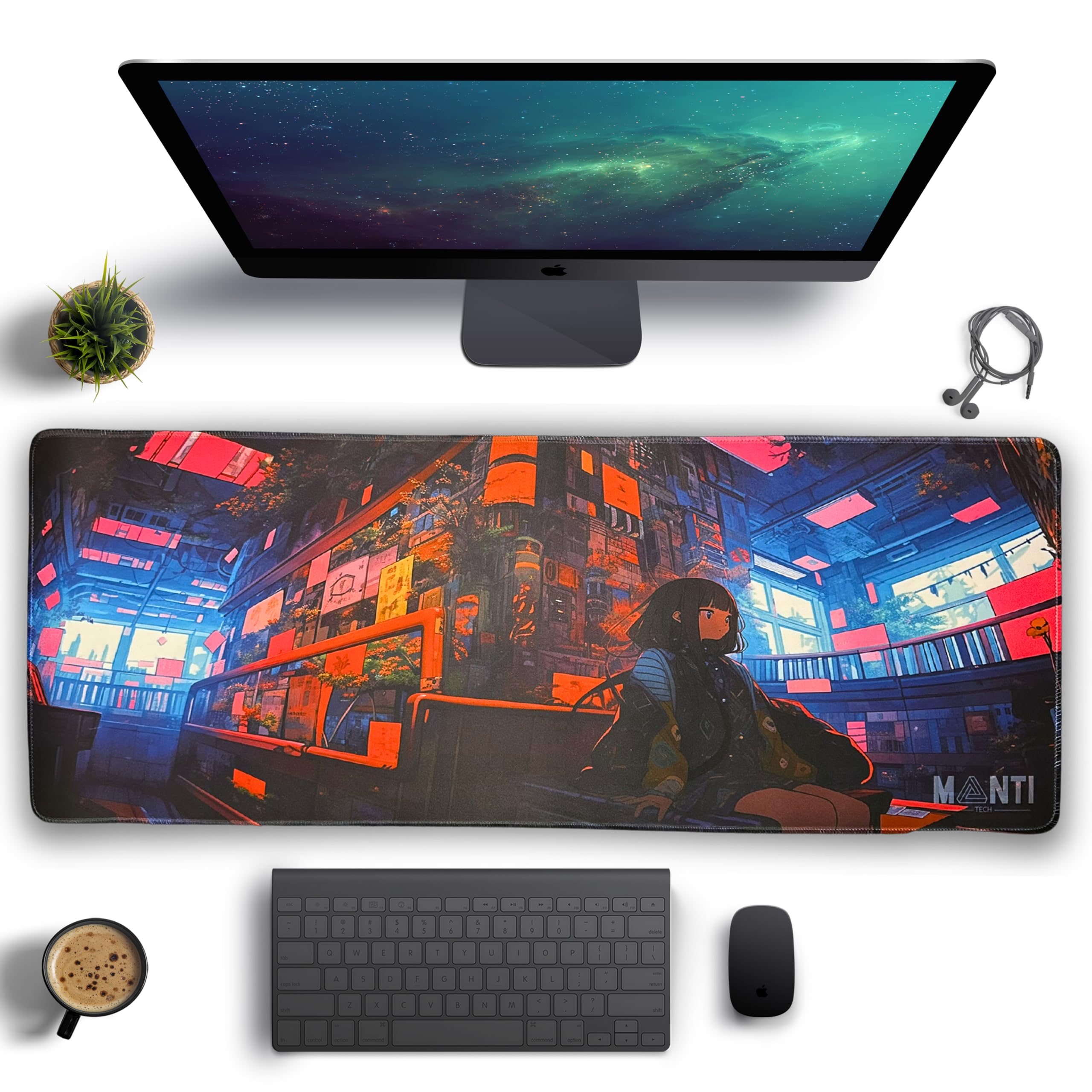 Manti Tech Anime Mouse Pad: Girl in a Restaurant Gaming Mouse Pad with Non-Slip Base - Large Size 31.5 x 11.8 inches, Soft & Smooth Surface, Stitched Edges - Perfect for PC, Laptop, Office Desk