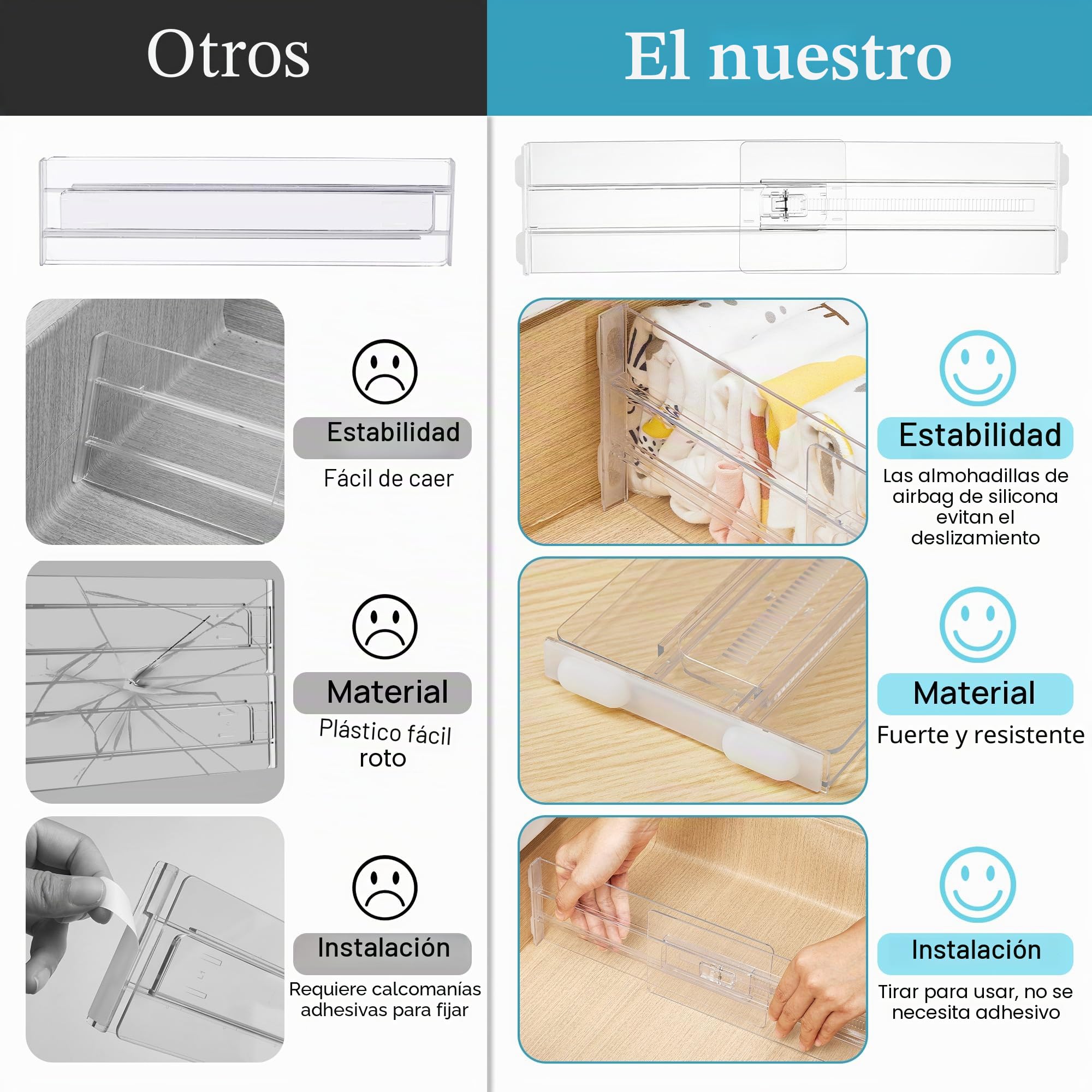 Vtopmart 8 separadores de cajones, separadores de cajones ajustables (26,8 – 43,1 cm), divisores transparentes para cajones, organizador, tocador, cuarto de baño