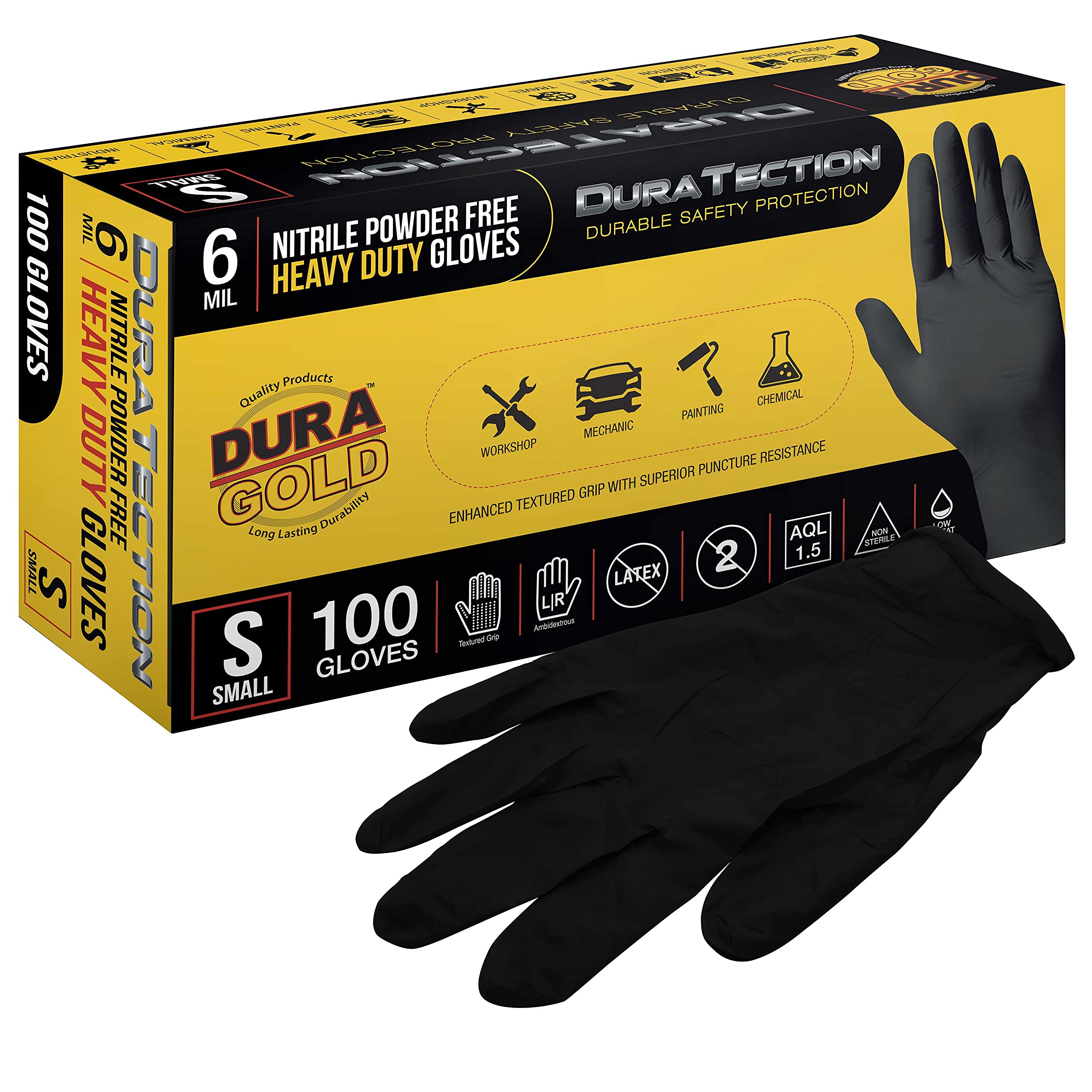 Dura-Gold HD Black Nitrile Disposable Gloves, Box of 100, Size Small, 6 Mil - Latex Free, Powder Free, Textured Grip, Food Safe, Small (Pack of 100)