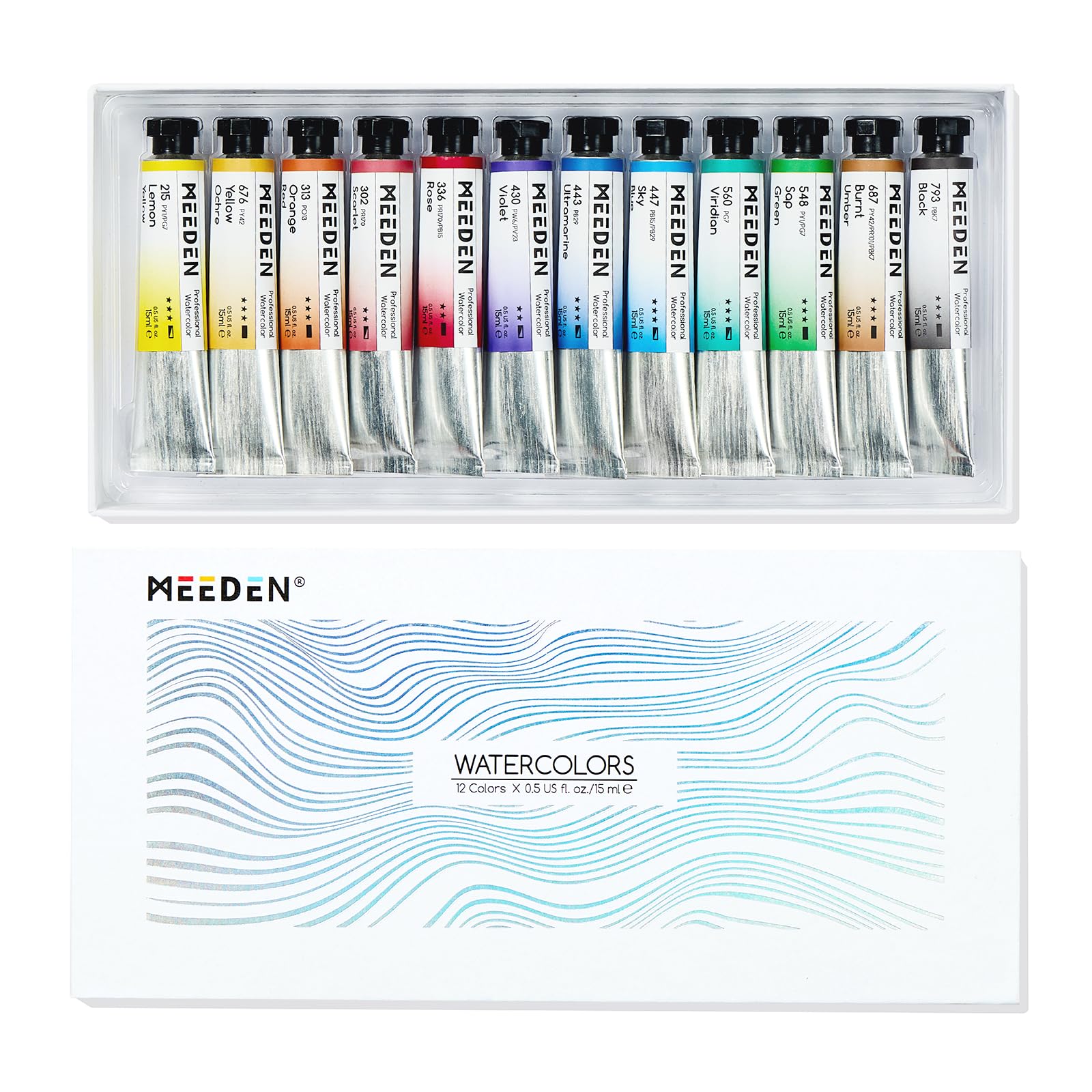 MEEDEN Professionelles Aquarellfarbenset: 12 x 15ml Farben Künstler-Aquarellfarbtuben - Aquarellmaterialien für Erwachsene, Künstler und Atelier