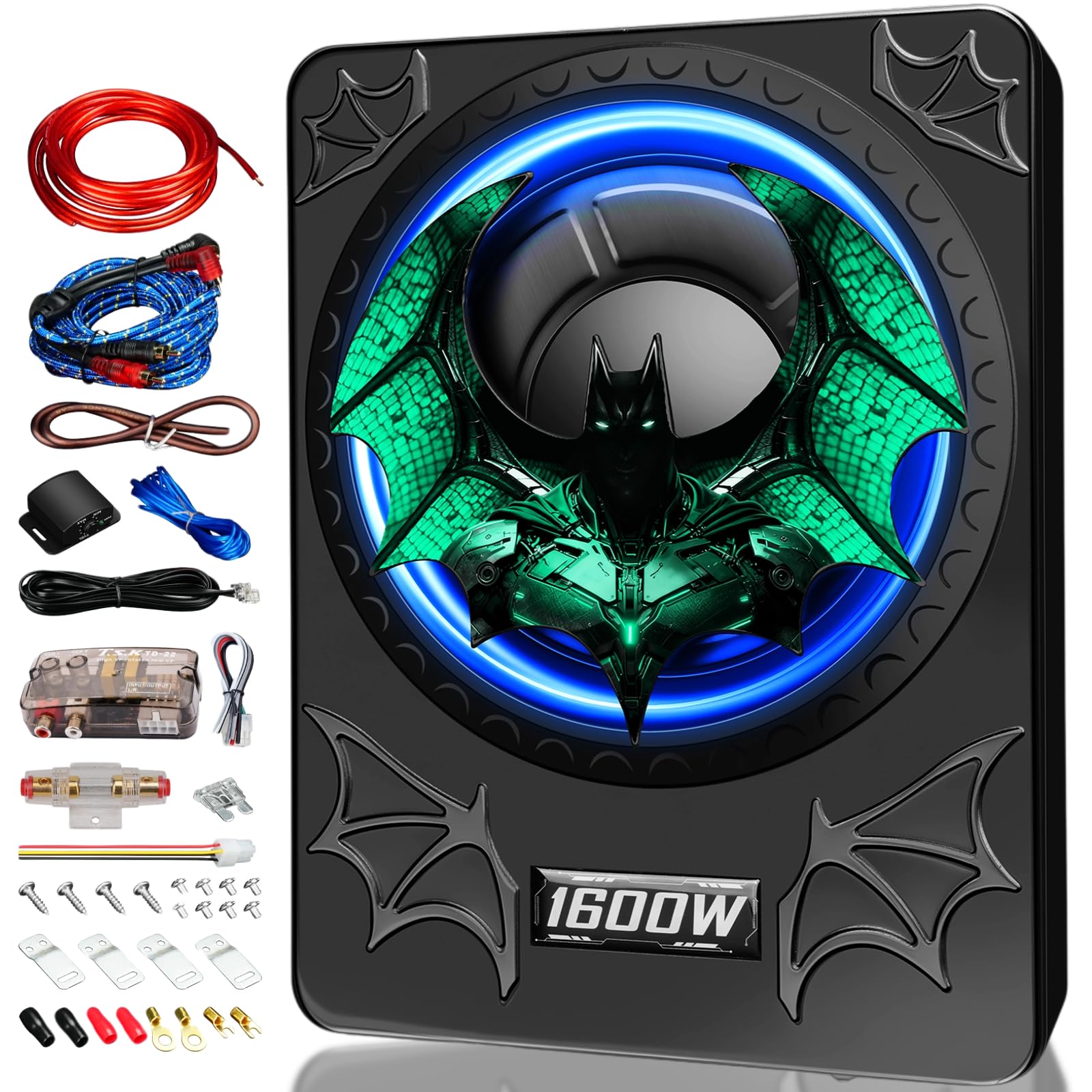 1600W Car Subwoofer, 10" Ultra-Thin Powered Under-Seat Subs with Built-in Amplifier, (LPF/Gain/Bass Boost) LED Ambient Lights, Independent Bass Knob, Distortion-Free Deep Bass for Most Vehicles