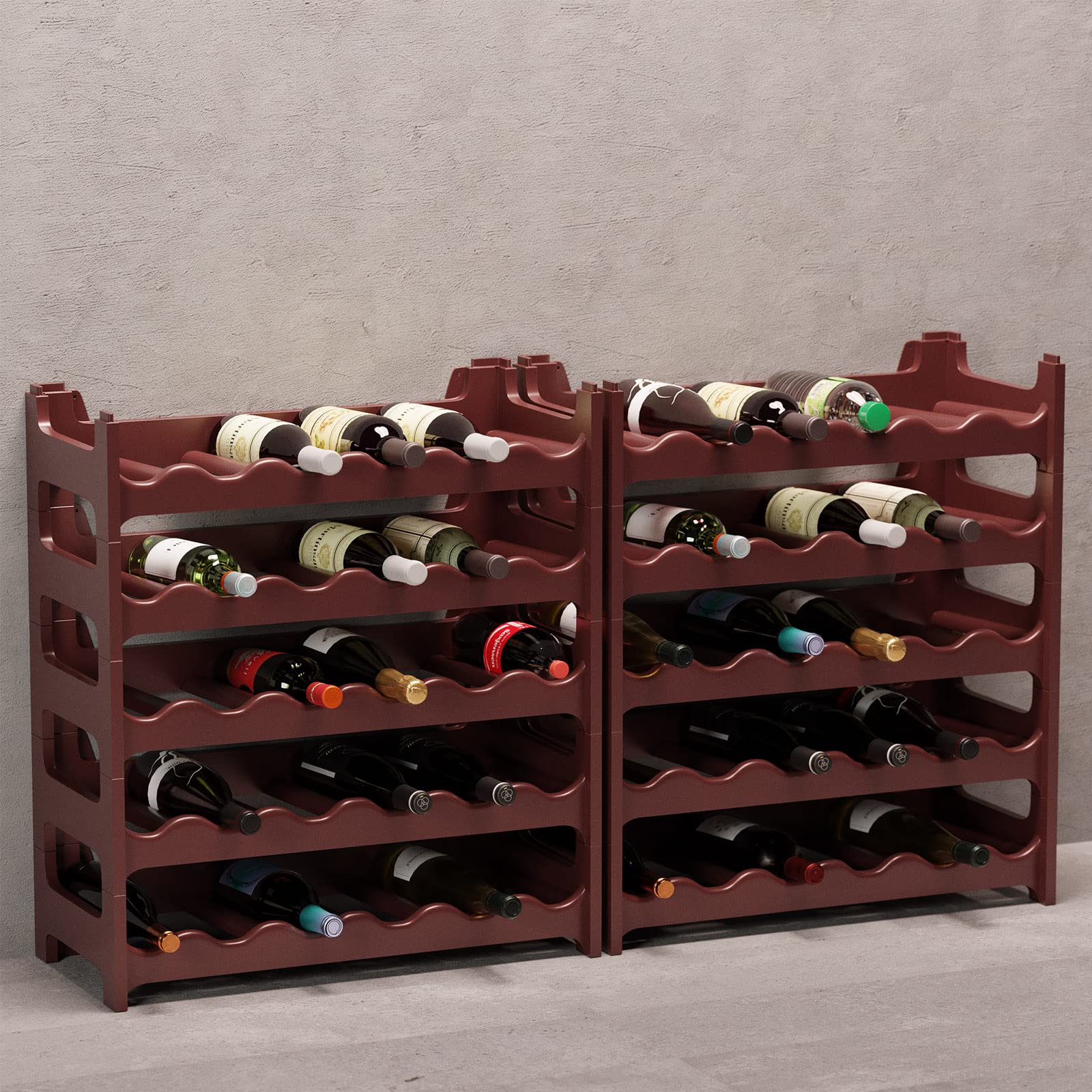 Modułowy stojak na wino, stojak na butelki, uchwyt na butelki, uchwyt na wino, plastik, brązowy, 60 emplacements de bouteilles