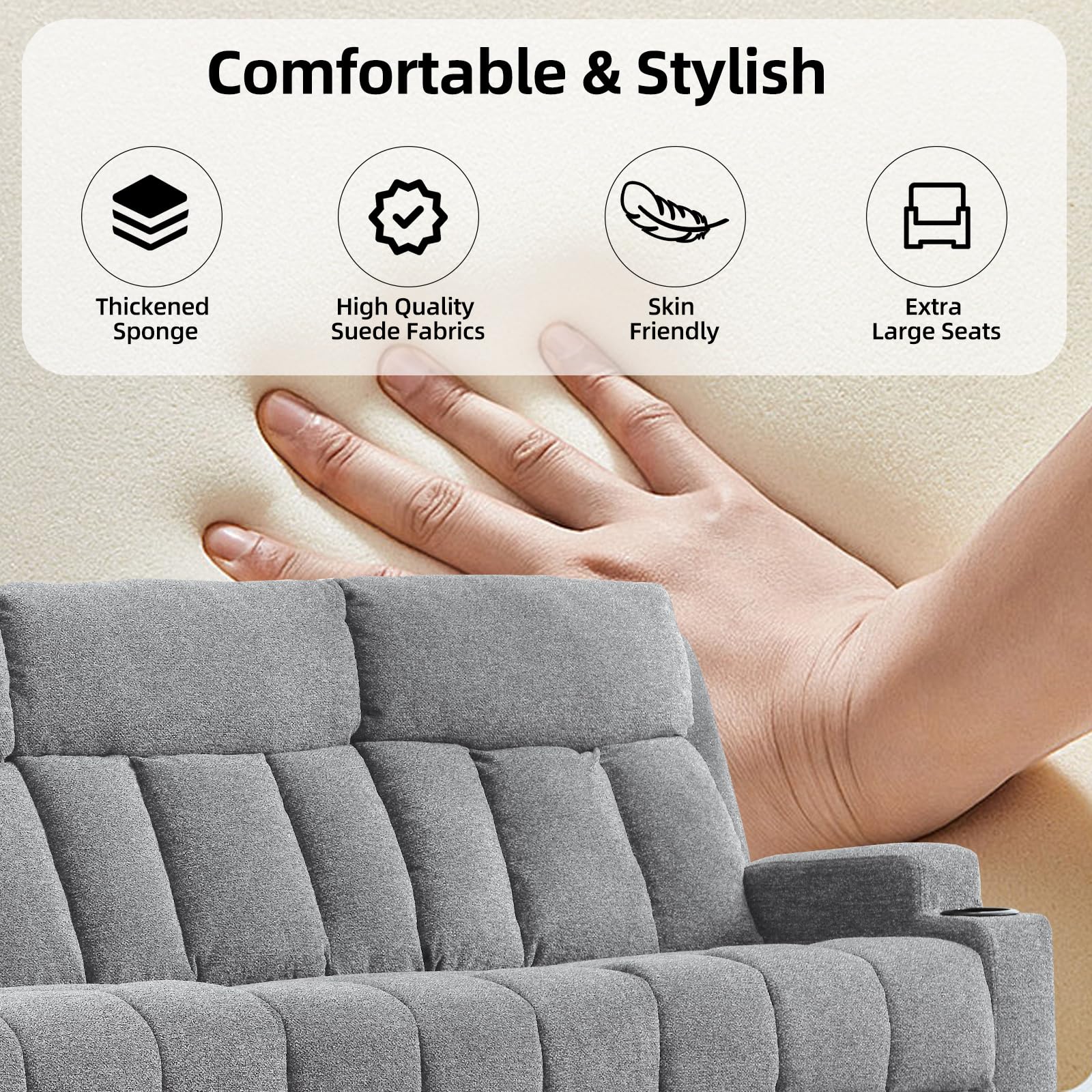 CANMOV Manual Recliner Sofa Set, Fabric Reclining Sofa Chair with Side Pockets and Cup Holders, Living Room Set Includes 3 Seate&Loveseat for Bedroom, Meeting Room, Home Theater, Light Grey view 6