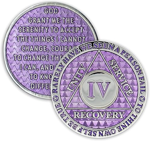 Moneda de sobriedad de 4 años Chip AA Legacy Ficha de aniversario de recuperación de triplaca gruesa (lavanda)