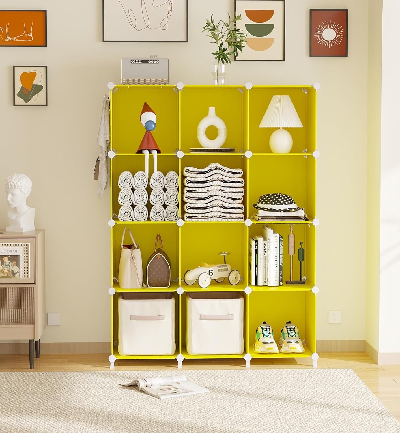 AWTATOS Cube Storage Organizer, Storage Cubes Shelves, 12 Cube Closet Organizers and Storage, DIY Stackable Bookshelf Plastic Clothes Organizer Shelving for Bedroom, Home,Yellow - Image 2