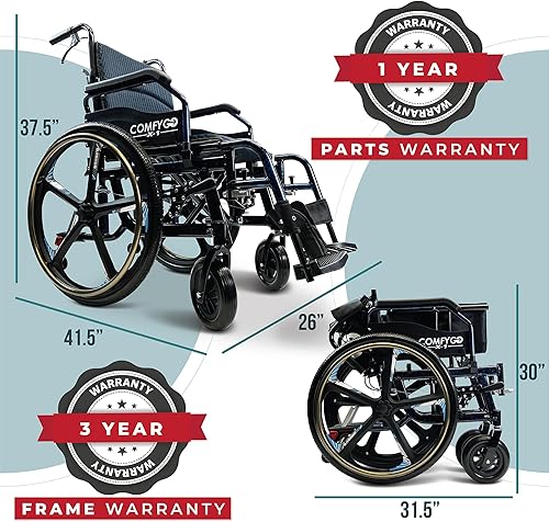 Miniatura 6 de Silla de ruedas autopropulsada plegable y ligera - Sillas de ruedas de transferencia autopropulsadas, ancho de asiento de 17.5 pulgadas, edición