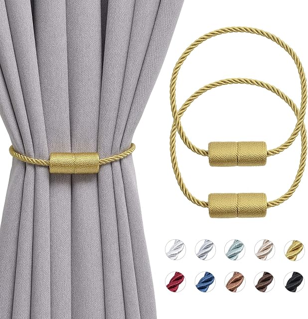 Pretty Jolly 2 Pack Magnetic Curtain Tiebacks 16 Inch Handmade Weave Side Rope Curtain Holdbacks Convenient Decorative Cylinder Curtain Drape Tie Backs for Home & Office Window Drapery (Gold)
