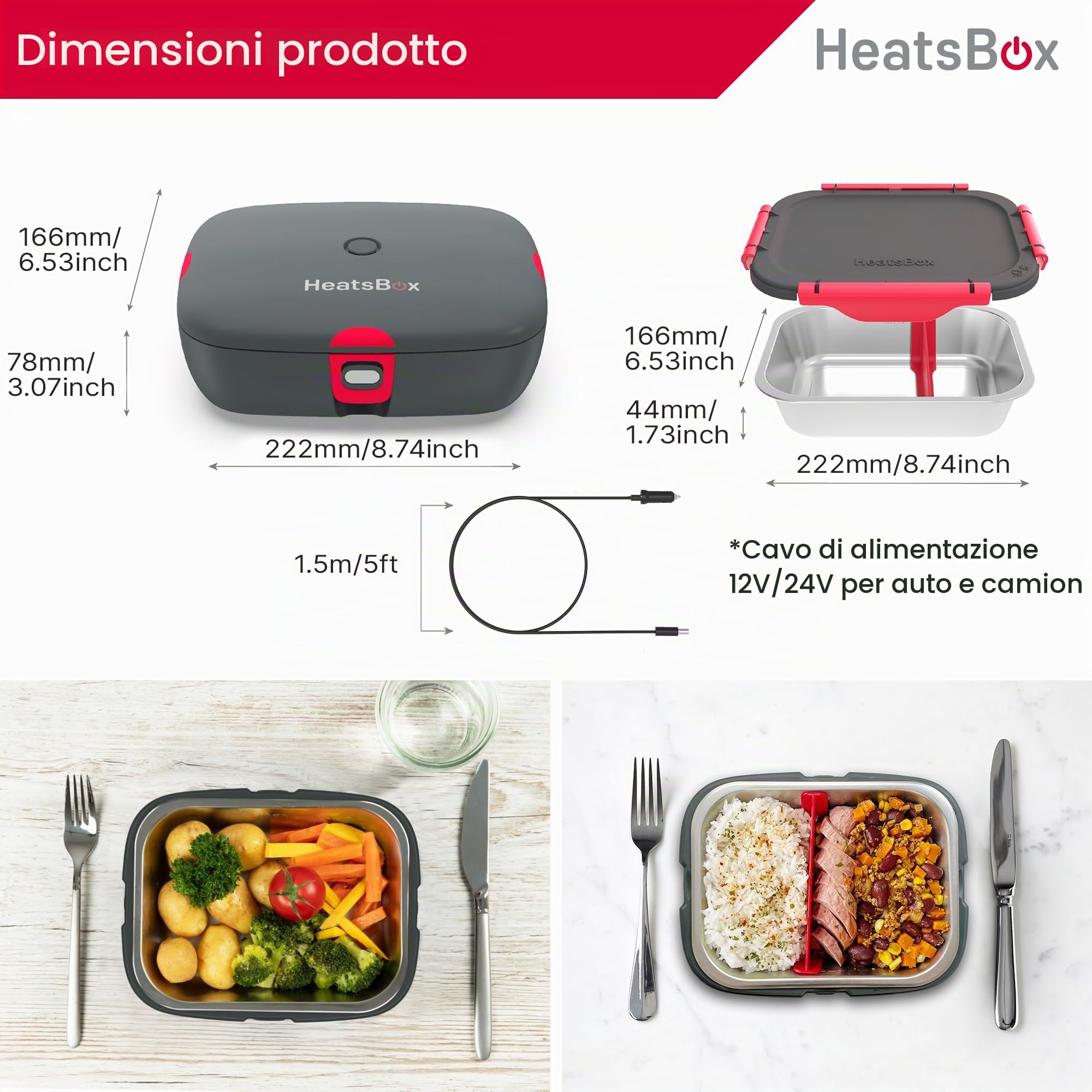Faitron HeatsBox DRIVE 12V / 24V - Lunch Box Elettrico per Auto - Scaldavivande Controllato tramite App, Ciotola in Acciaio Inox a Prova di Perdite, Design Resistente per Pasti Fuori Casa