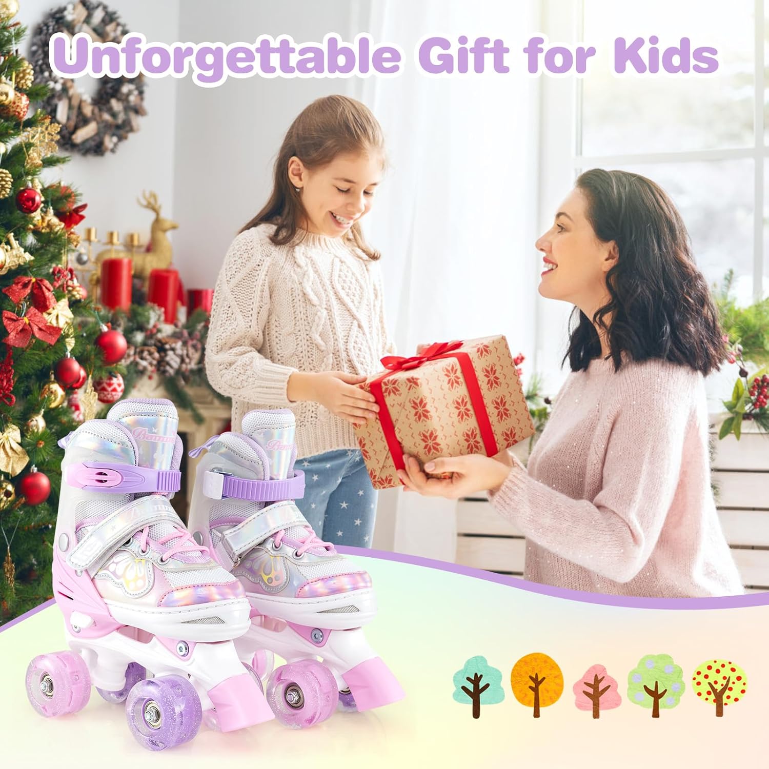 BABY JOY Roller Skates, 4 Sizes Adjustable Quad Skates for Girls Teens Adults 5-8 8-13 13+ with Light-up Wheels & Safety Protection, Fun Illuminating Birthday Gifts for Indoor Outdoor Sports