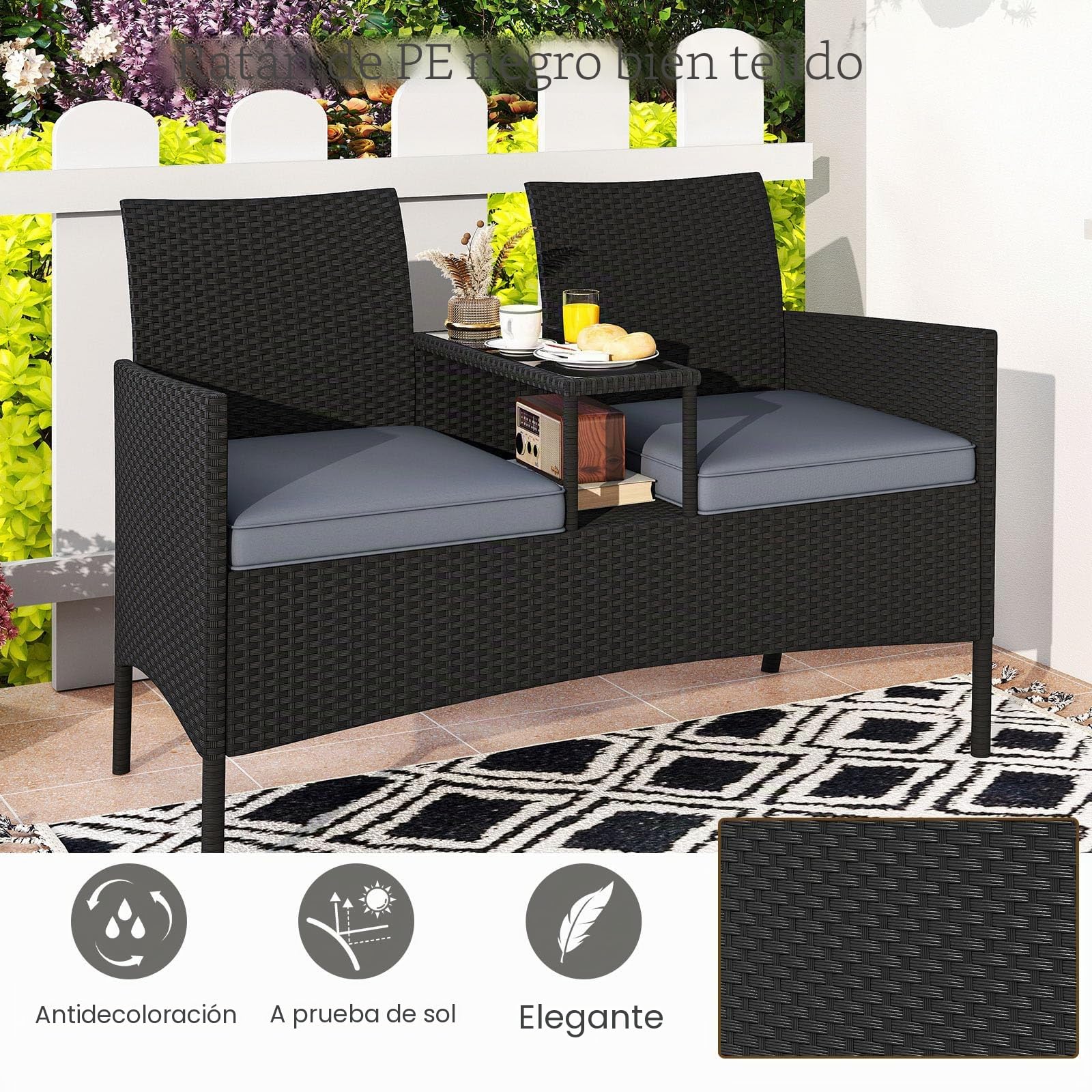 LIFEZEAL Banco de jardín de ratán con Mesa para 2 Personas (Gris)