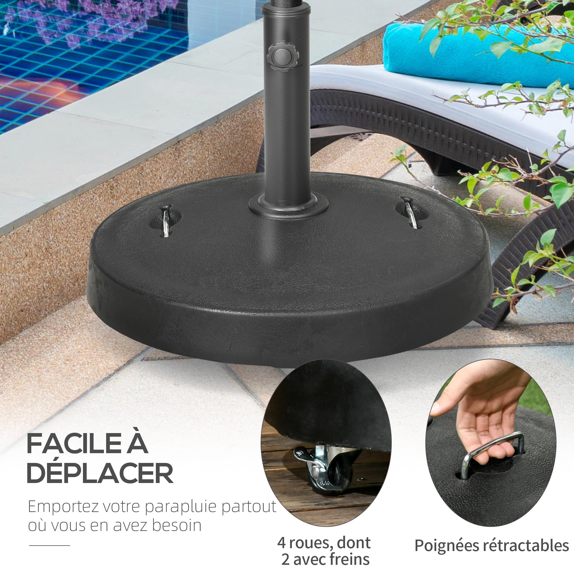 Outsunny Pied de Parasol Rond Base de Parasol de Jardin 25 KG avec roulettes et poignées rétractables en résine tressée Ø 53 x 41 cm Noir