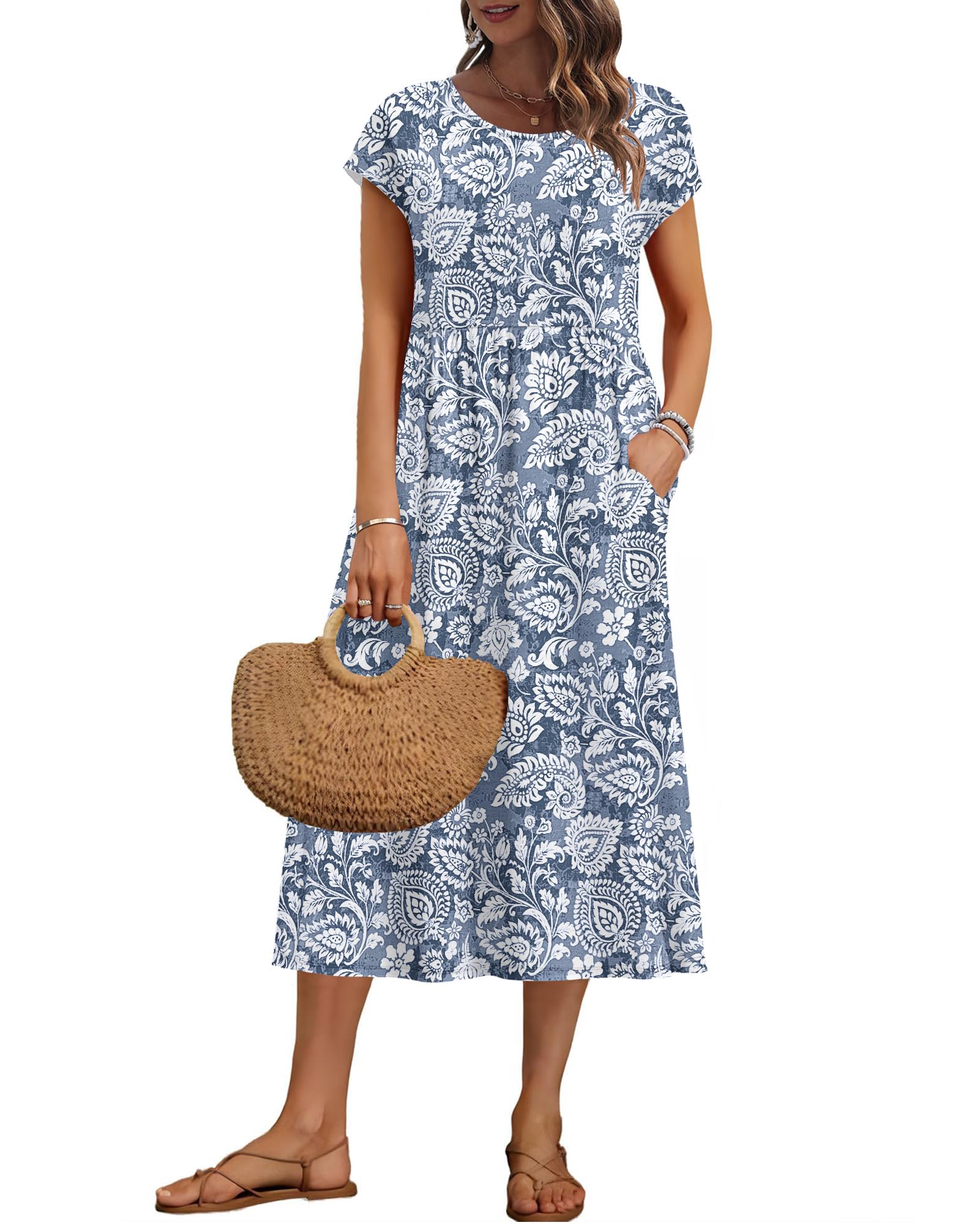 AUSELILY Women's Summer Short Sleeve Midi Dresses Loose Basic Empire Line BohoDress with Pockets, National Blue M