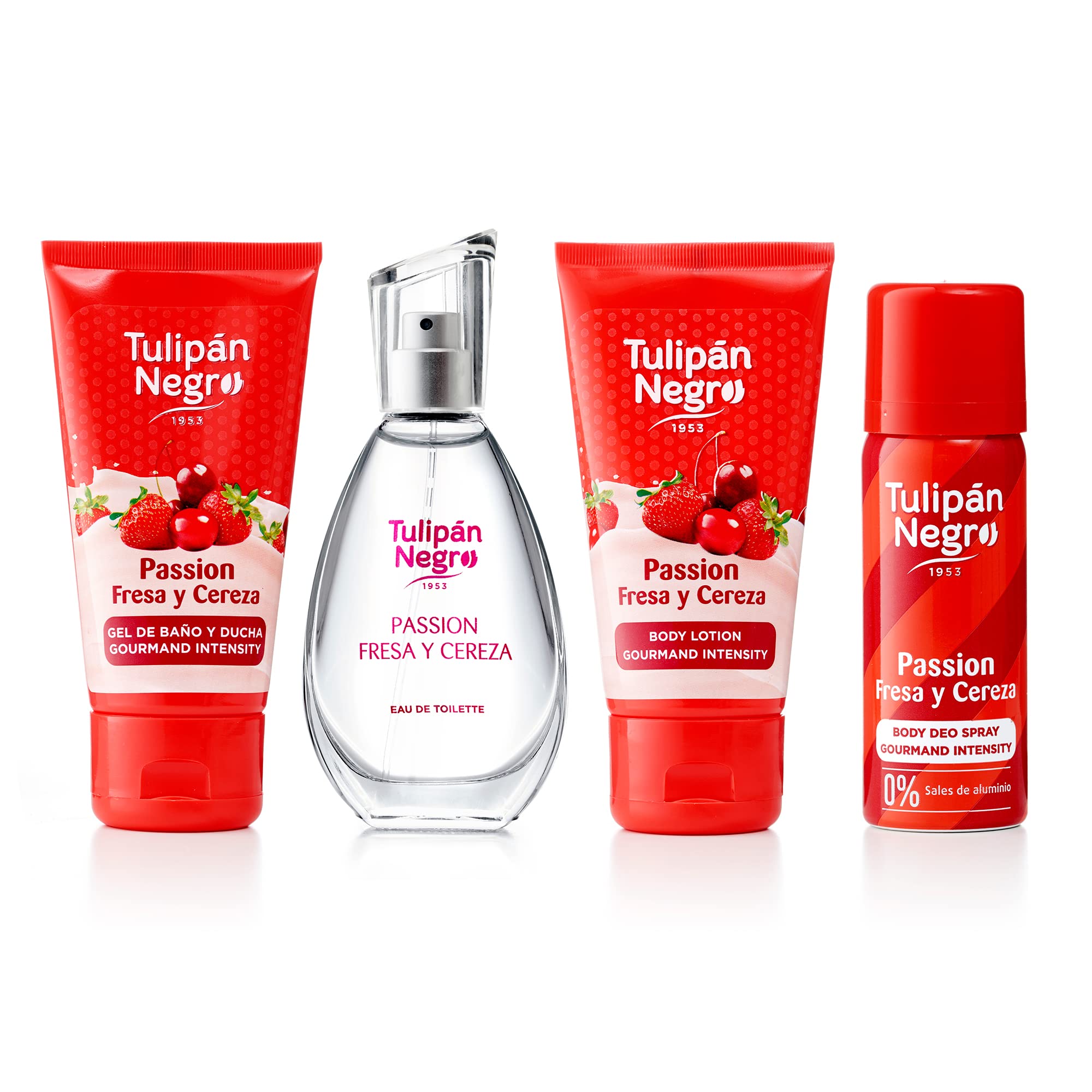 Tulipán Negro - Estuche Fresa y Cereza, Colonia 50 ml + Loción Corporal 75 ml + Gel de Baño 75 ml + Desodorante Spray 50 ml, Fragancia Dulce y Afrutada