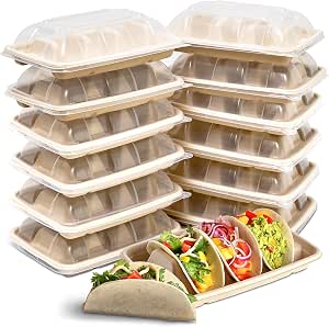 Hgudesign 100 Pack Disposable Taco Holders, Plates With Dividers - Comble Paper Trays For Taco Bar Party Night Tuesday Decorations