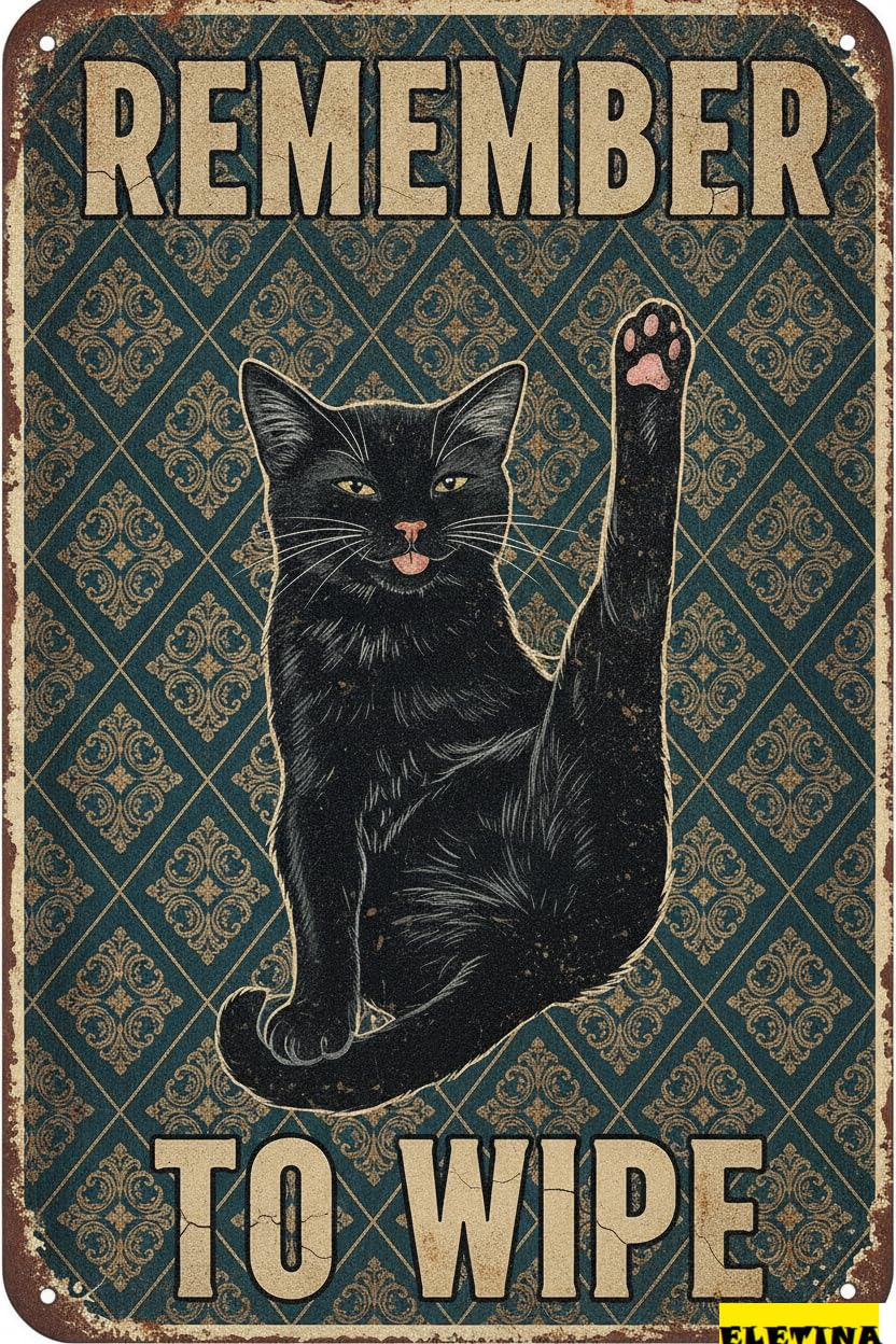 Remember To Wipe Black Cat Tin Sign, 8x12 Inch Decor